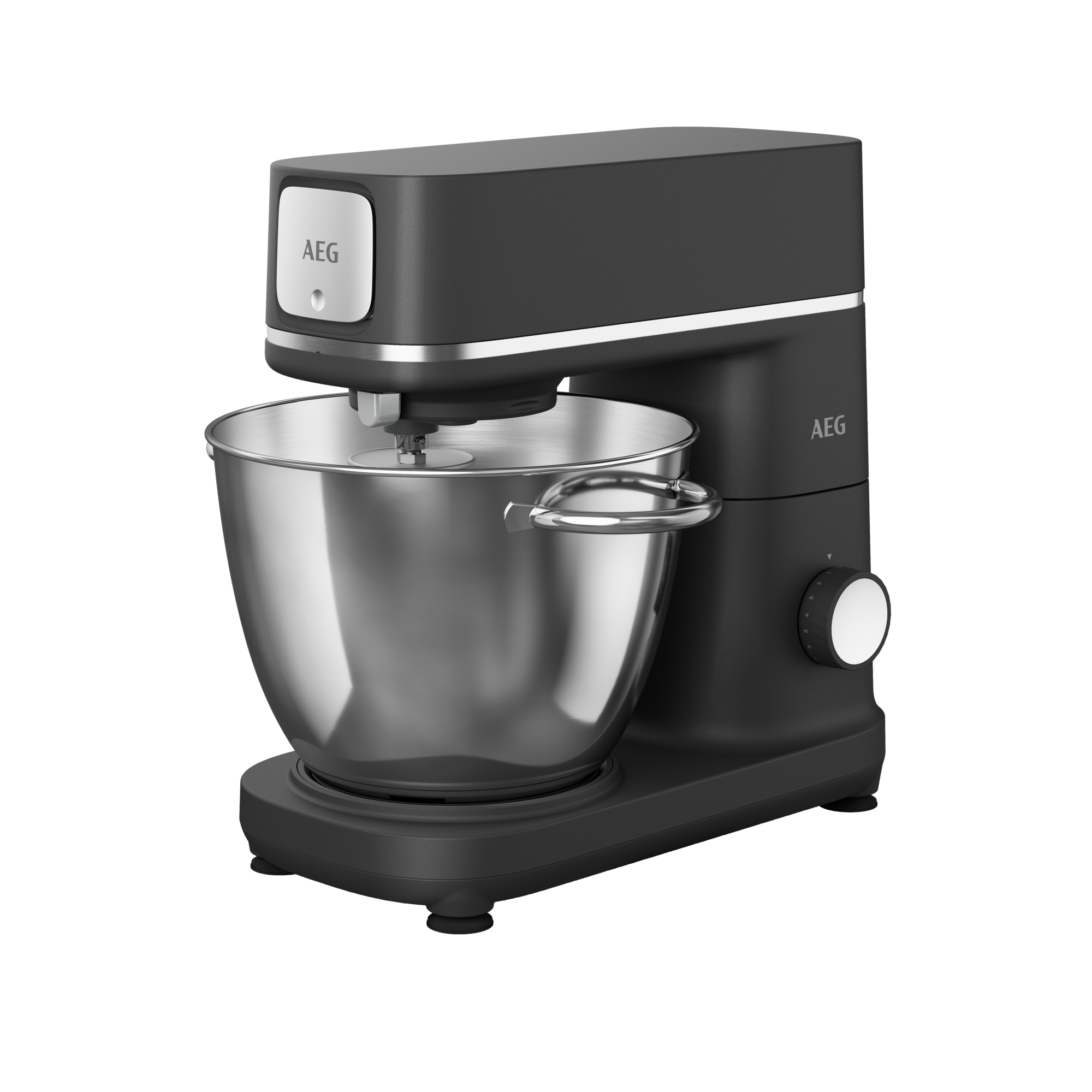 Impastatrice AEG nera con ciotola in acciaio inox. Comandi e logo AEG visibili.