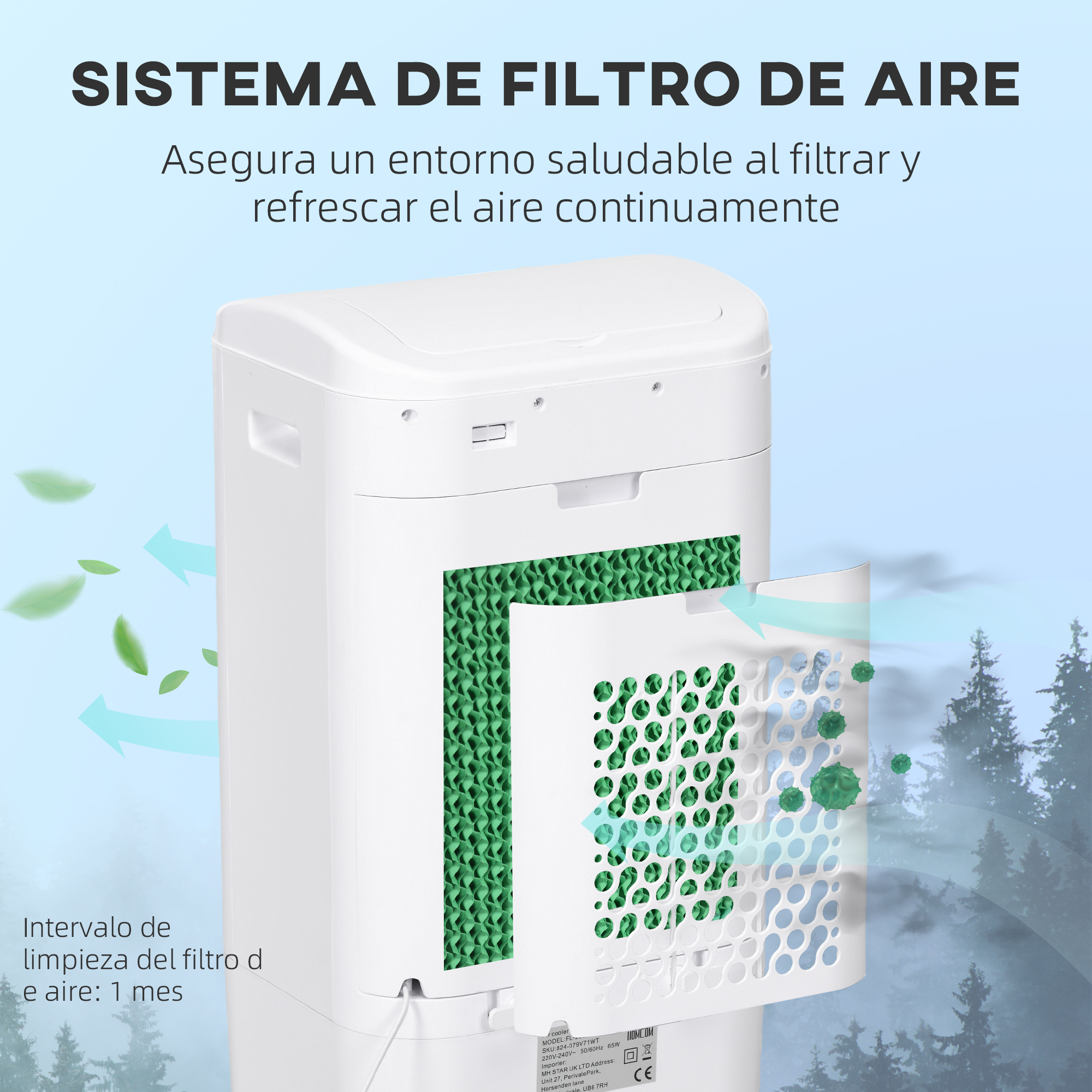 Purificador de aire blanco con filtro verde visible. Texto sobre el sistema de filtración de aire y sus beneficios.