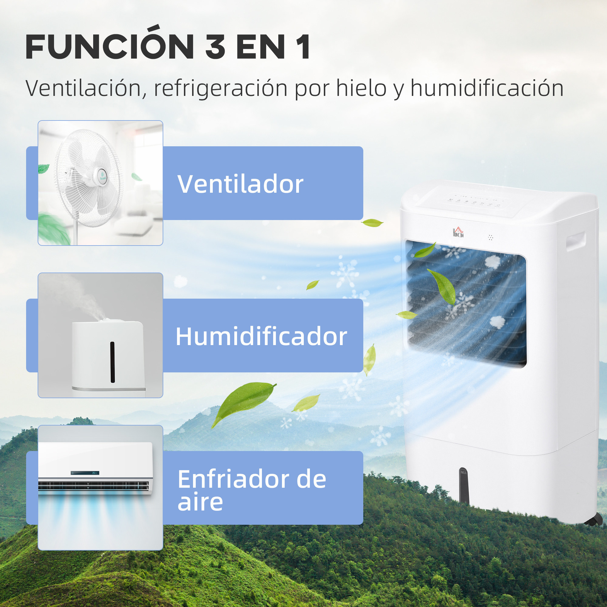 Diagrama que muestra un ventilador, un humidificador y un enfriador de aire. El texto en español describe cada función.
