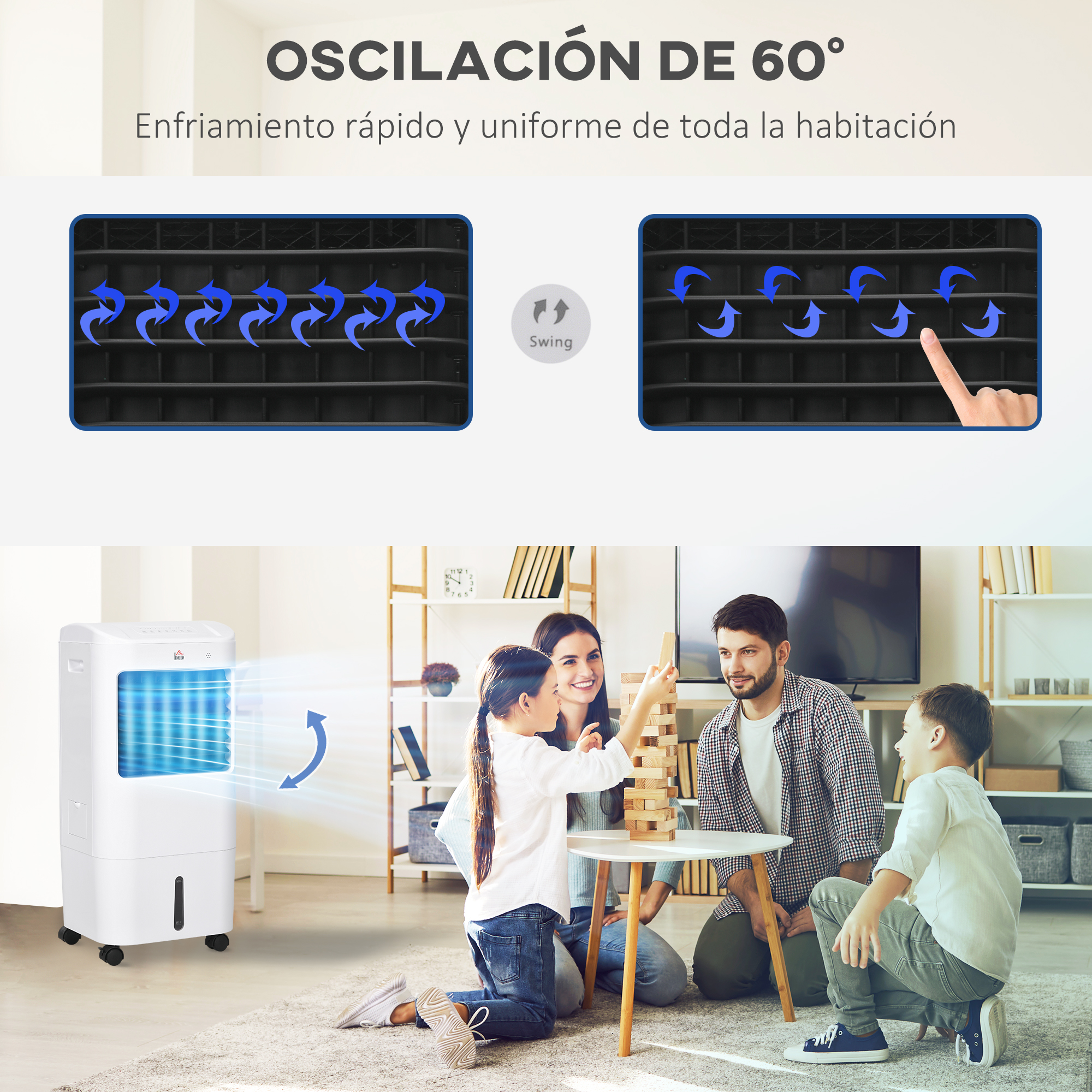 Una familia juega cerca de un enfriador de aire blanco; los diagramas muestran el flujo de aire.
