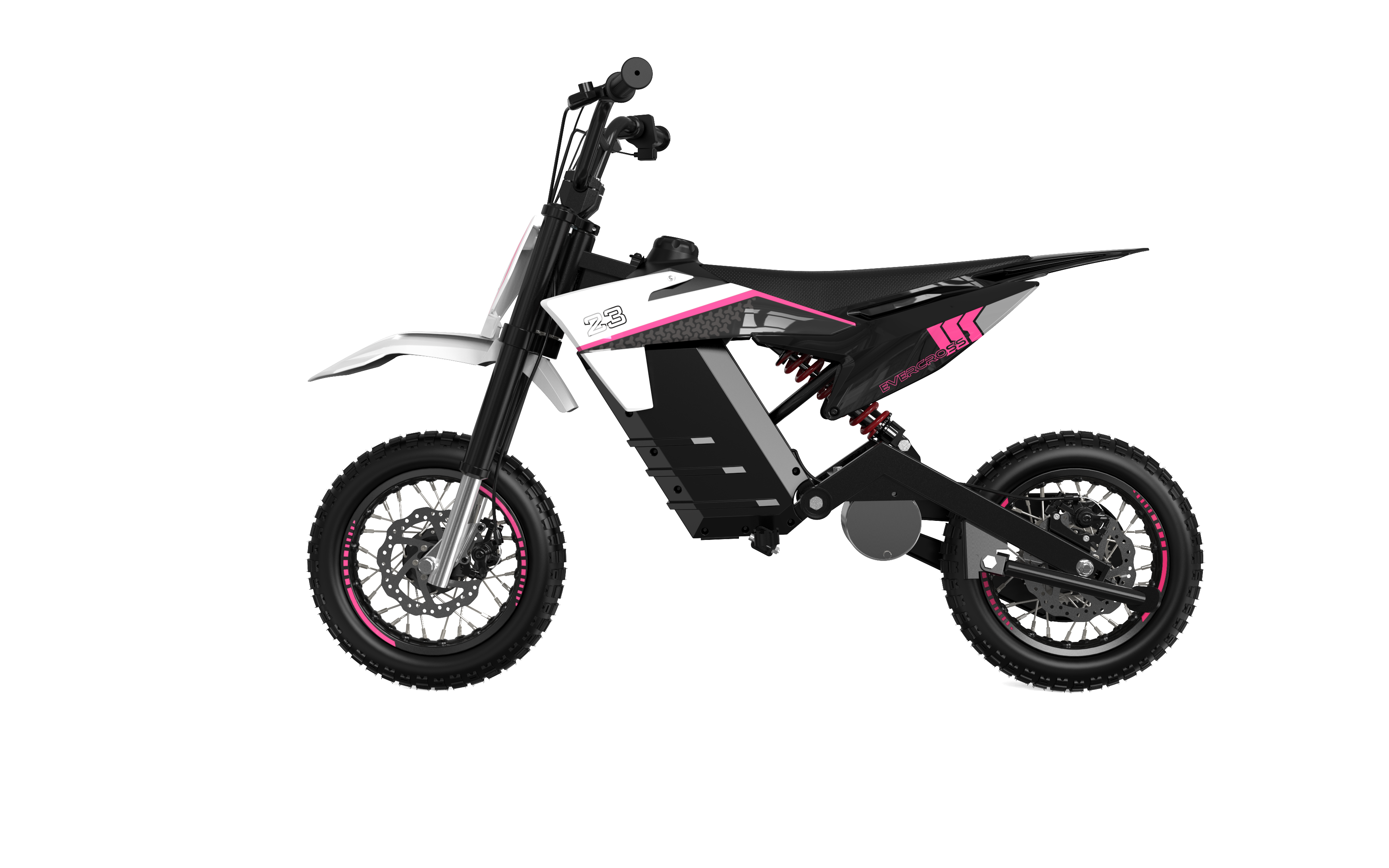 Moto de cross en blanco y negro con detalles rosas, sobre fondo blanco.