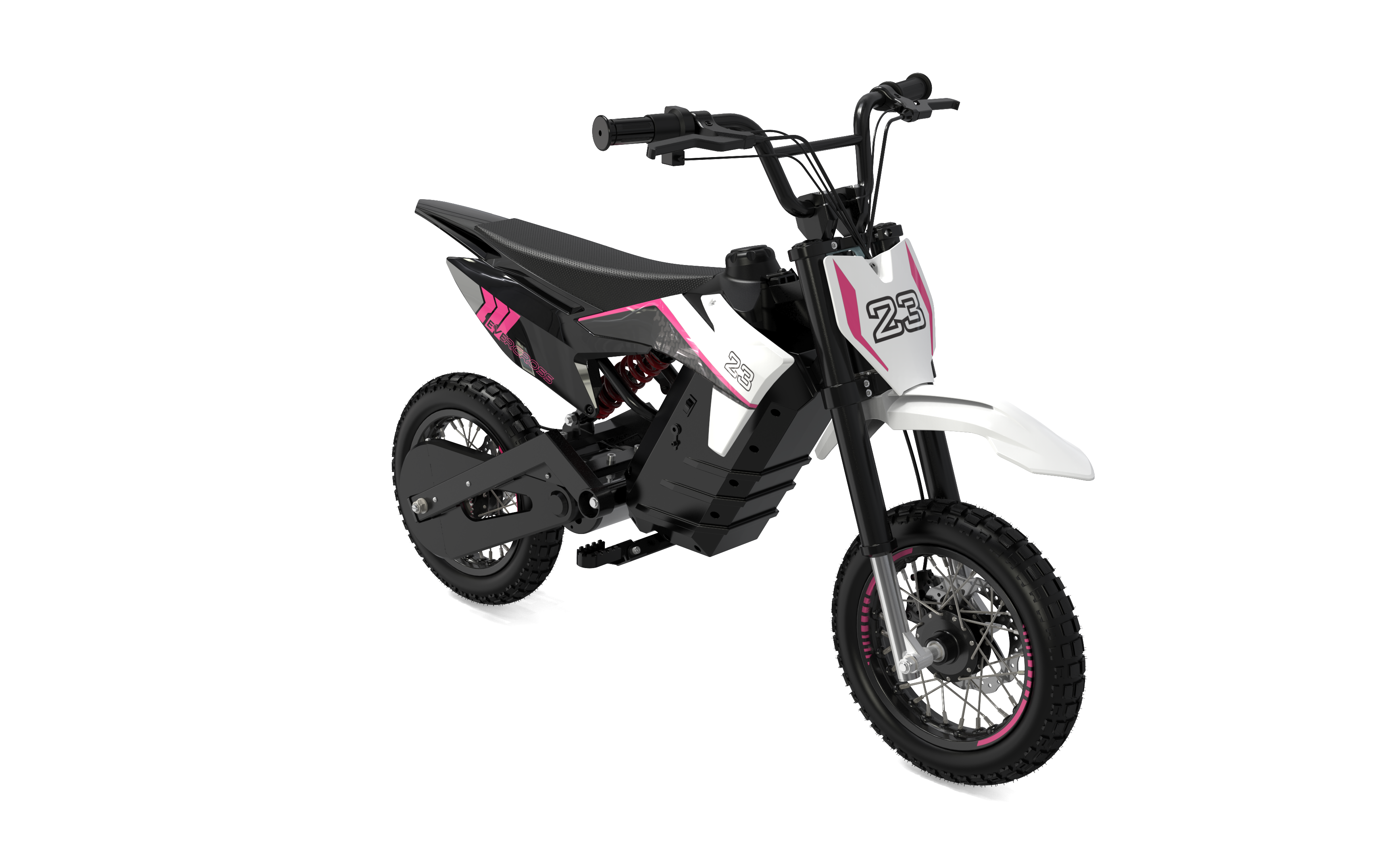 Una moto de cross en blanco y negro con detalles en rosa, sobre un fondo blanco.