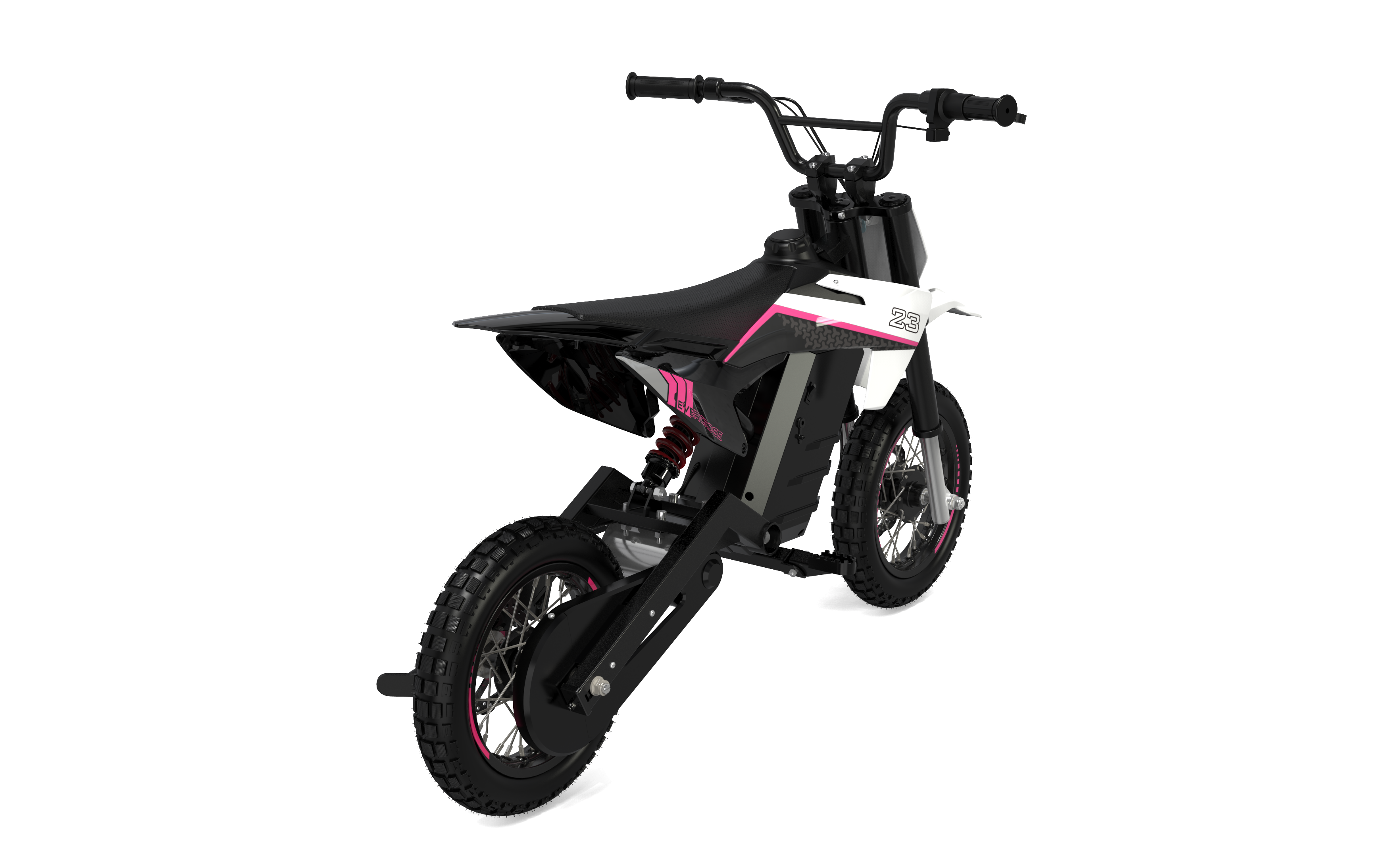 Motocicleta eléctrica negra y rosa sobre blanco, con el número 23.