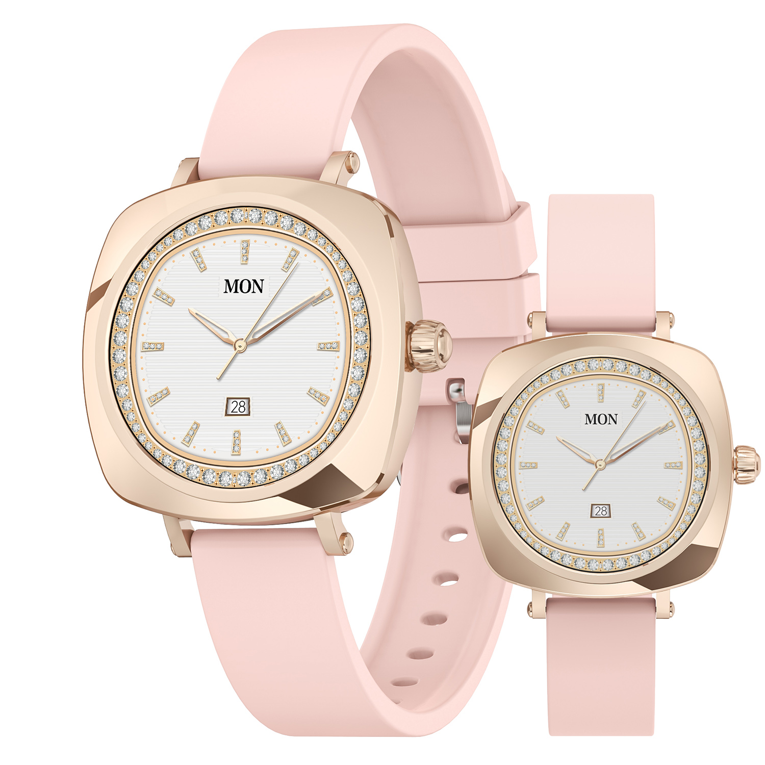 Zwei roségoldene Uhren mit rosa Armbändern. Die Uhren haben weiße Zifferblätter mit Diamanten und schwarze Zeiger.
