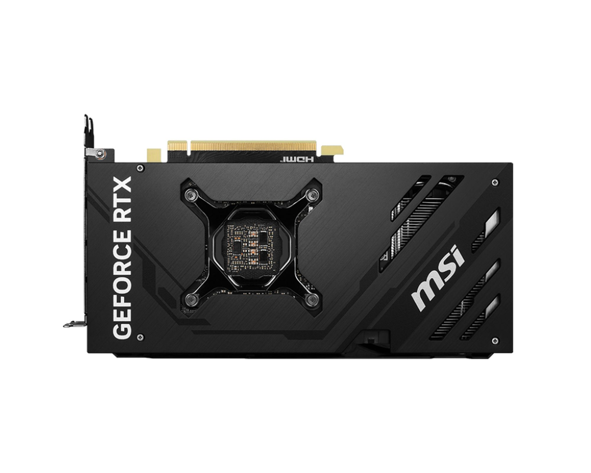 Eine schwarze MSI GeForce RTX-Grafikkarte auf weißem Hintergrund. Die Karte ist eine Nahaufnahme.