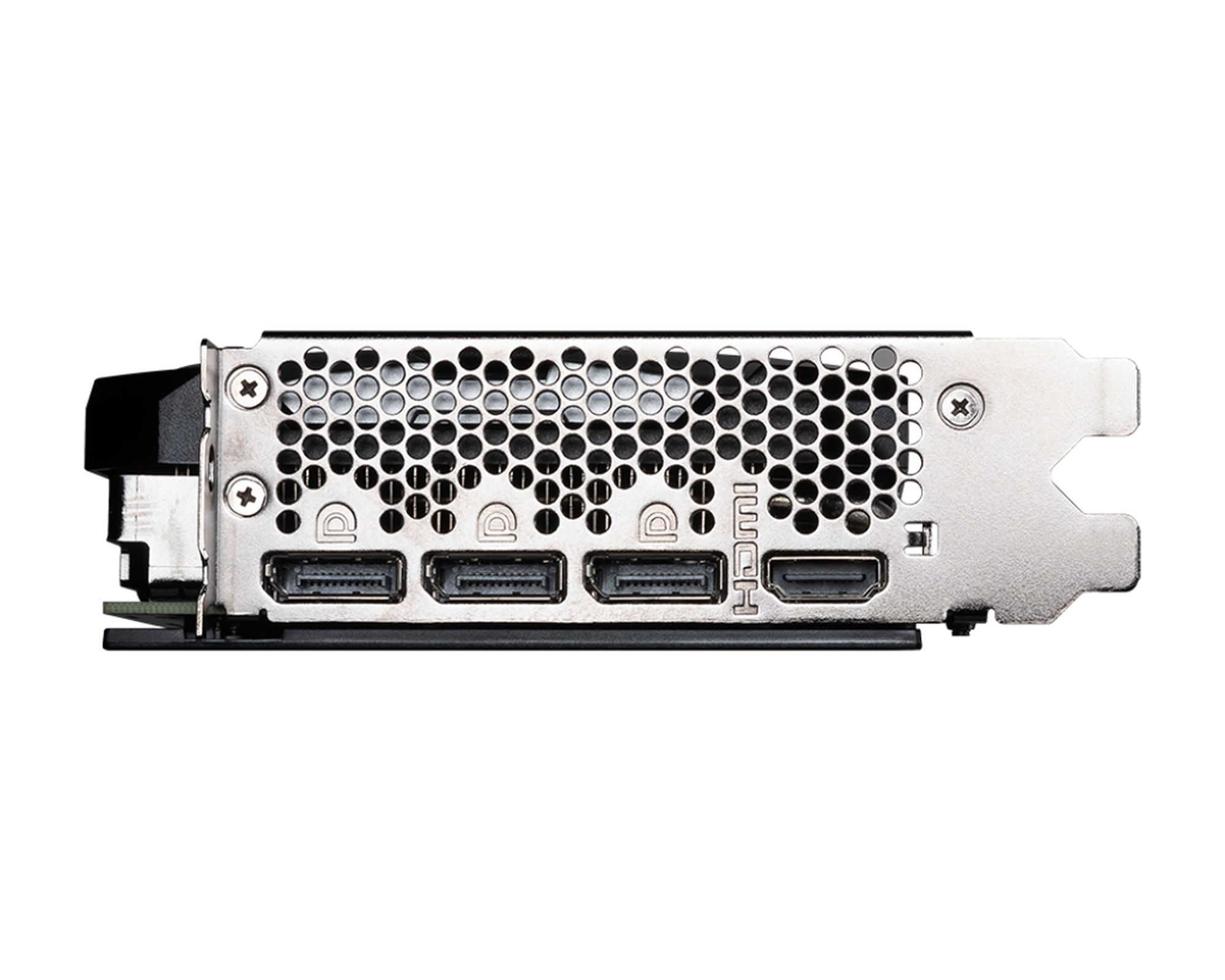 Nahaufnahme einer silbernen GPU mit Anschlüssen: HDMI und mehrere DP-Anschlüsse.