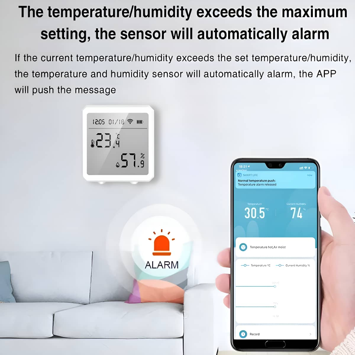Ein kleines weißes Gerät, das Temperatur- und Feuchtigkeitsmesswerte anzeigt, und ein Smartphone mit ähnlichen Daten.