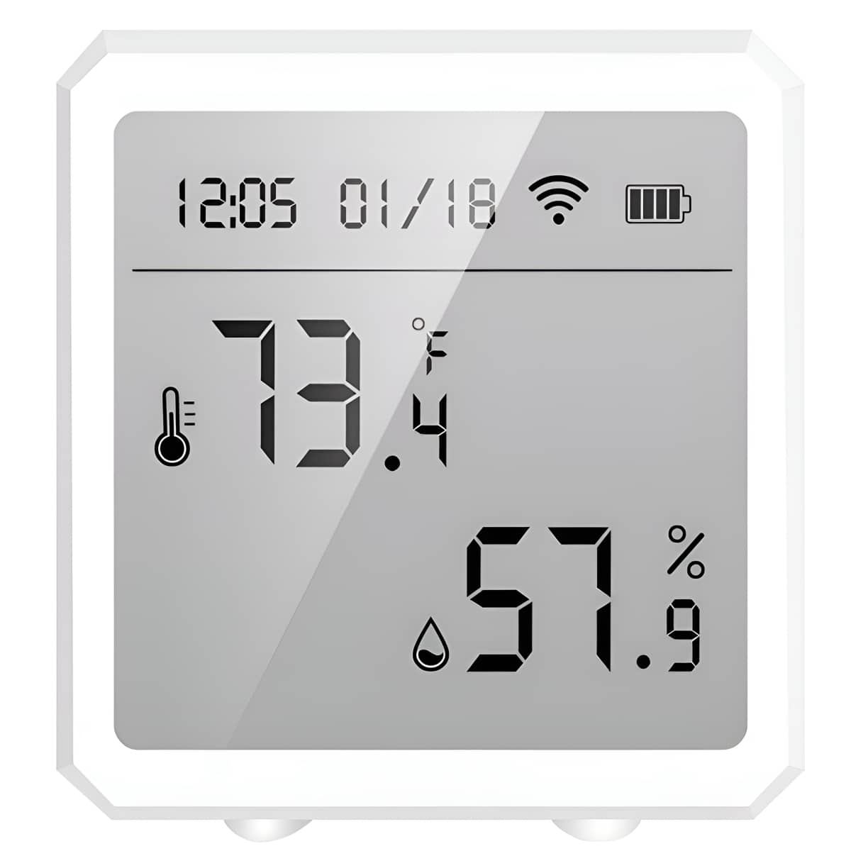 Ein digitales Thermometer, das Zeit, Datum, Temperatur und Luftfeuchtigkeit anzeigt.