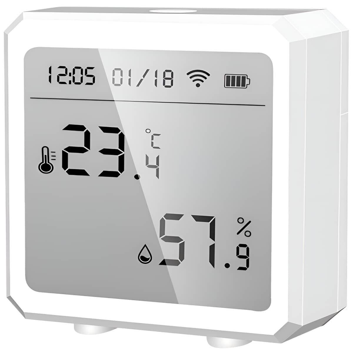 Ein weißer digitaler Thermostat, der Temperatur, Luftfeuchtigkeit und Zeit anzeigt.