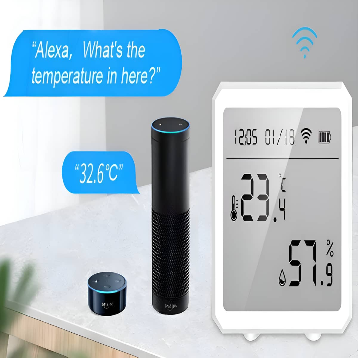 Smart-Home-Setup mit Alexa-Gerät und einem Display, das Temperatur und Luftfeuchtigkeit anzeigt.
