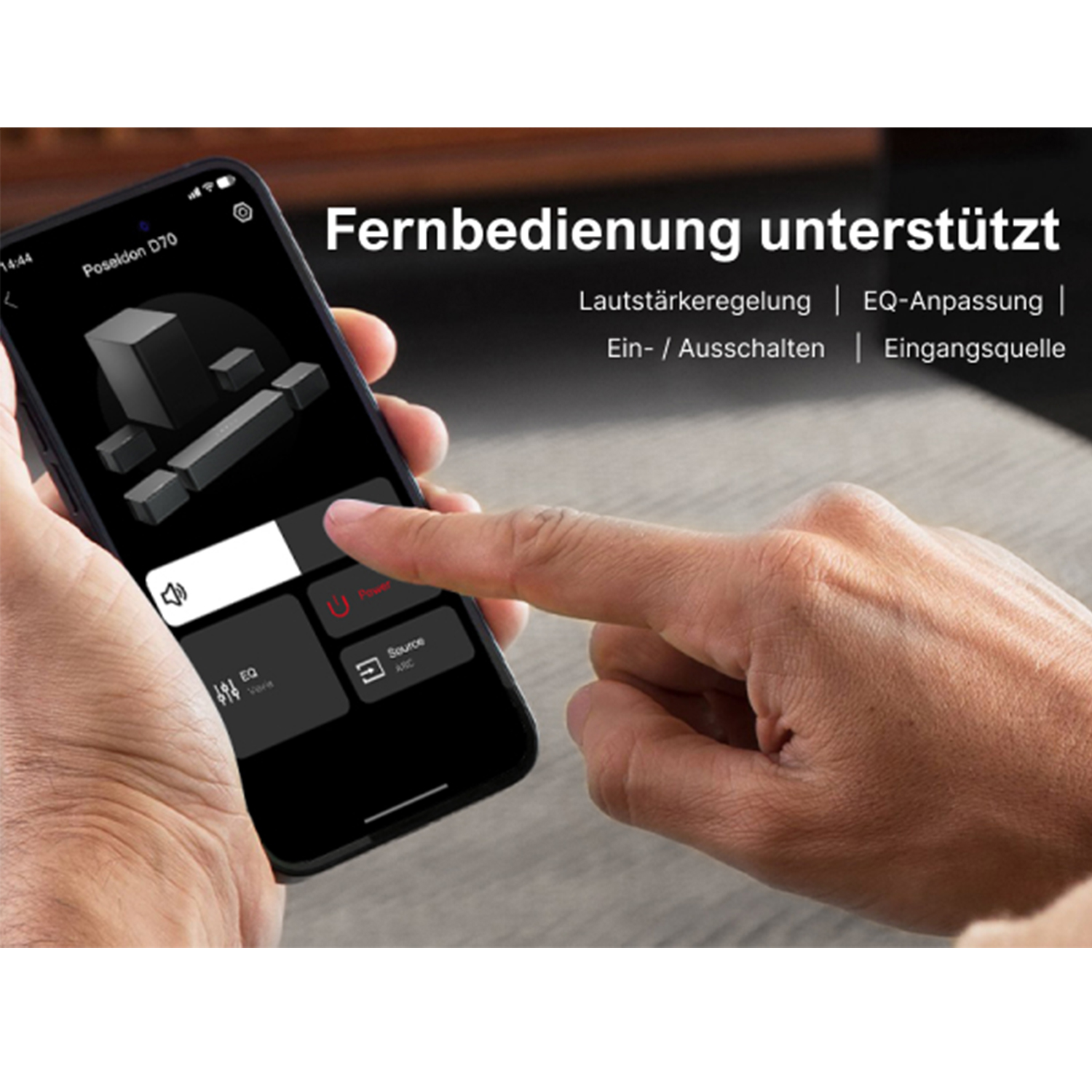 Eine Hand bedient ein Telefon mit App-Oberfläche und steuert ein Lautsprechersystem. Text: Fernbedienung unterstützt.