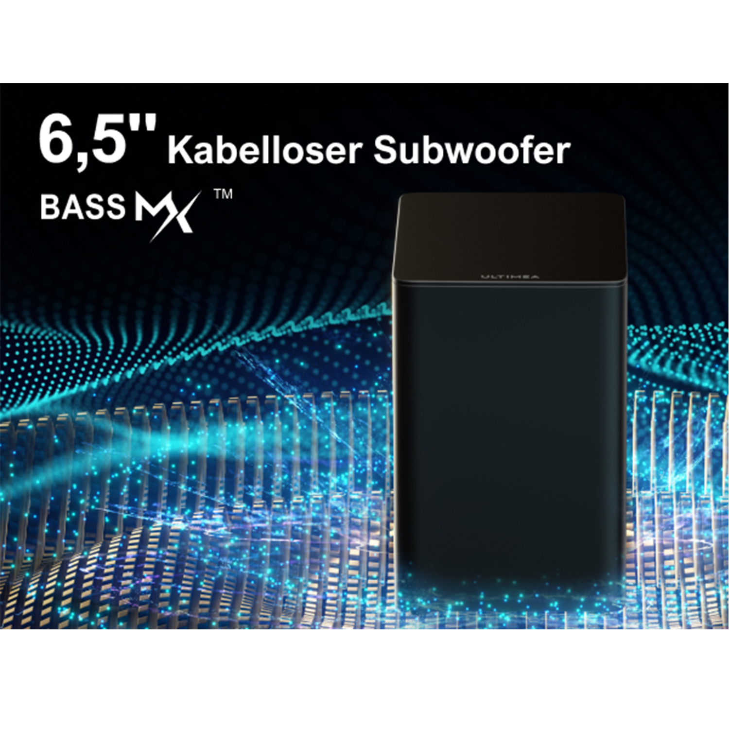 Ein schwarzer Subwoofer mit weißem Text auf blauem digitalem Hintergrund.