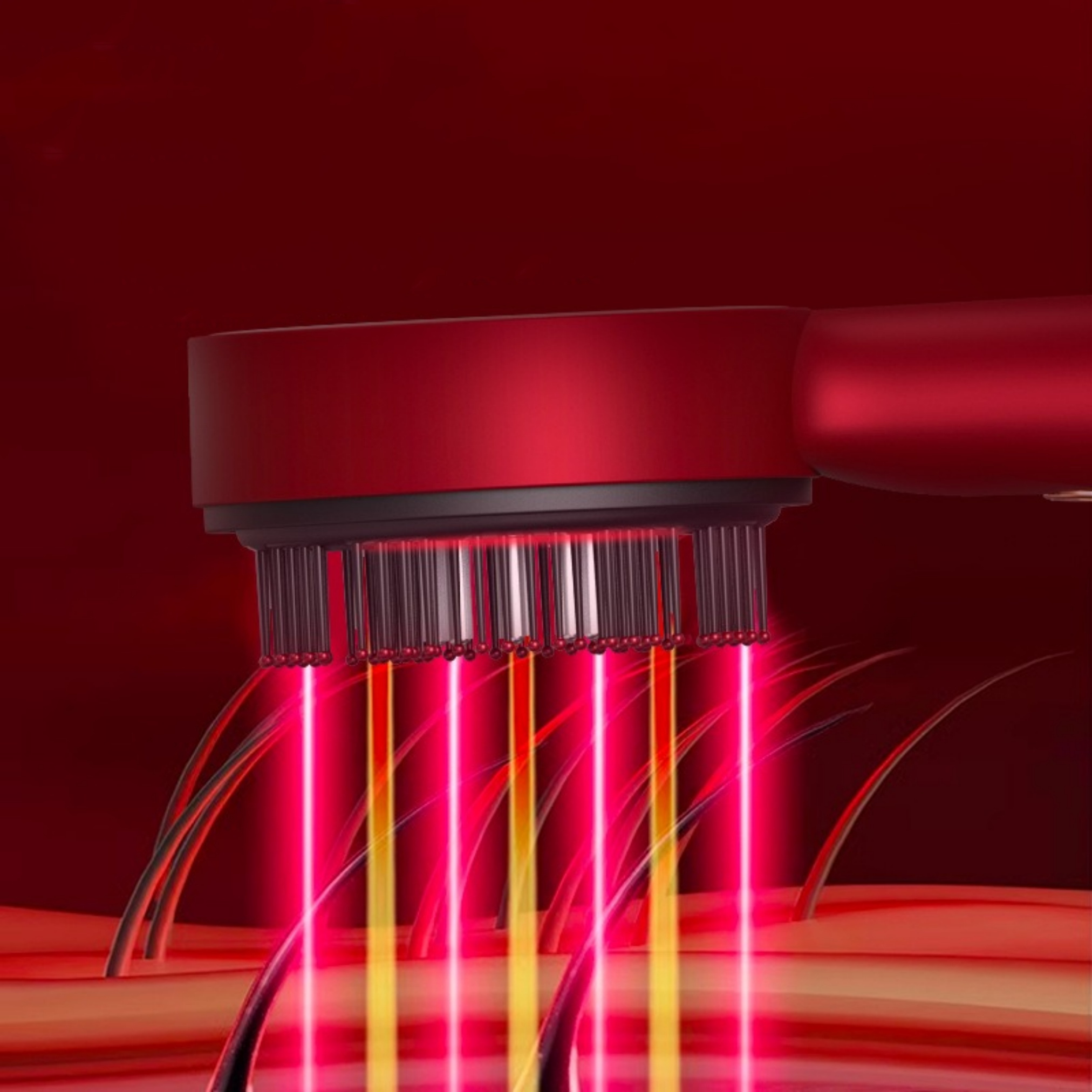 Rotes Haarbehandlungsgerät, das rote Lichtstrahlen auf Haarfollikel emittiert, roter Hintergrund.