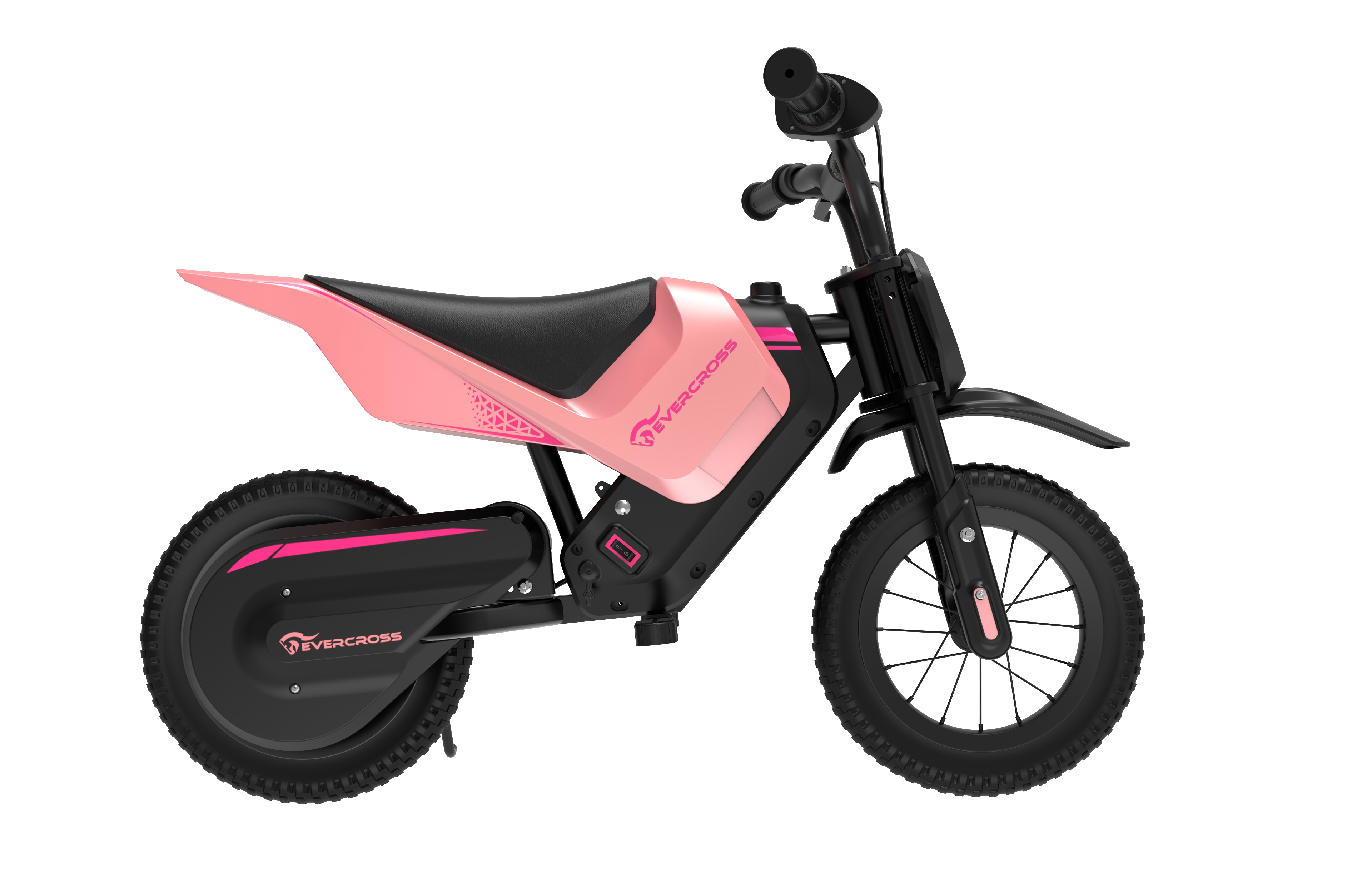 Różowo-czarny elektryczny motocykl crossowy na czarnym tle, z logo Evercross.