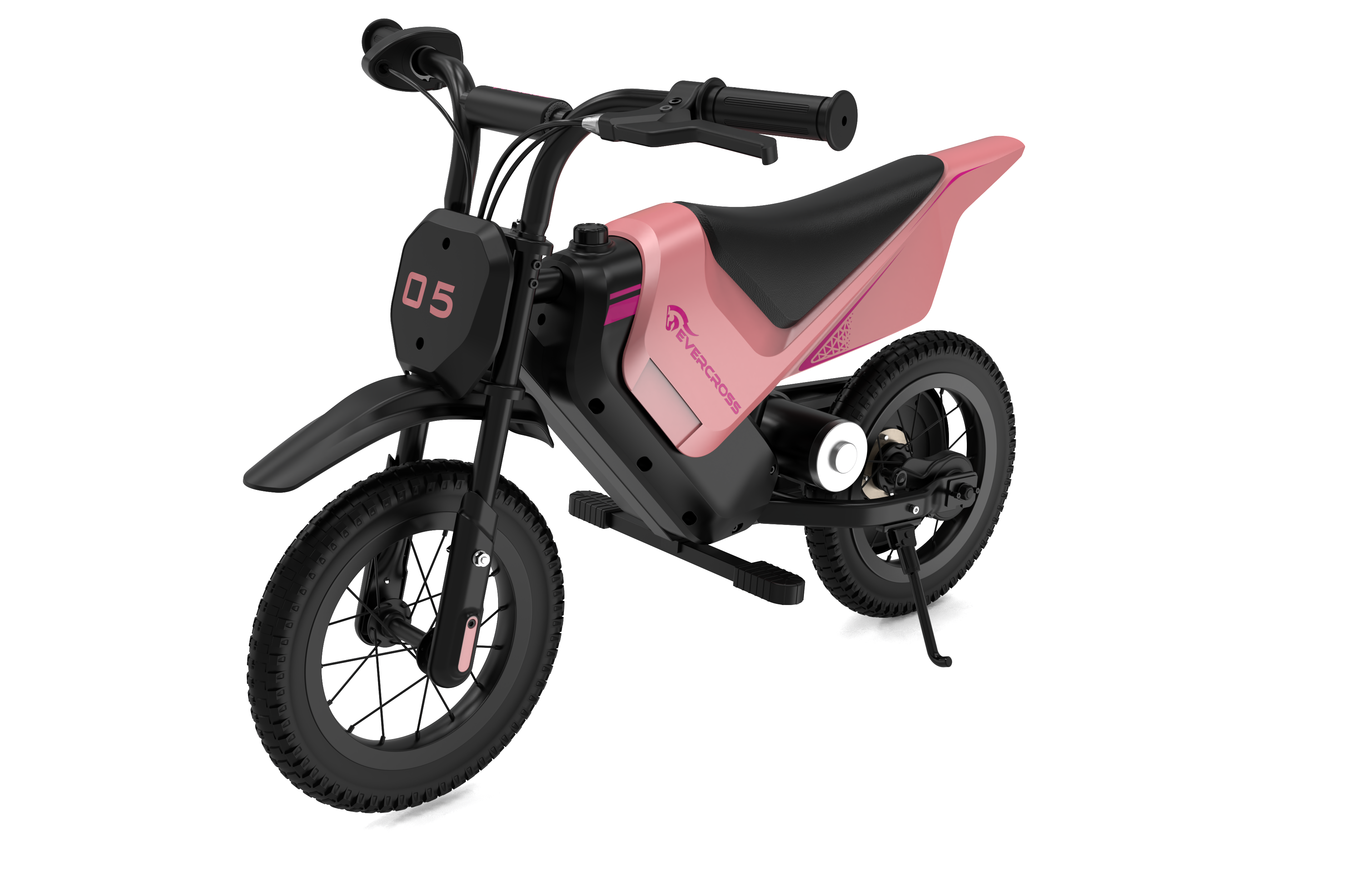 Różowo-czarny elektryczny motocykl terenowy. Numer 05 i logo Evercross. Białe tło.