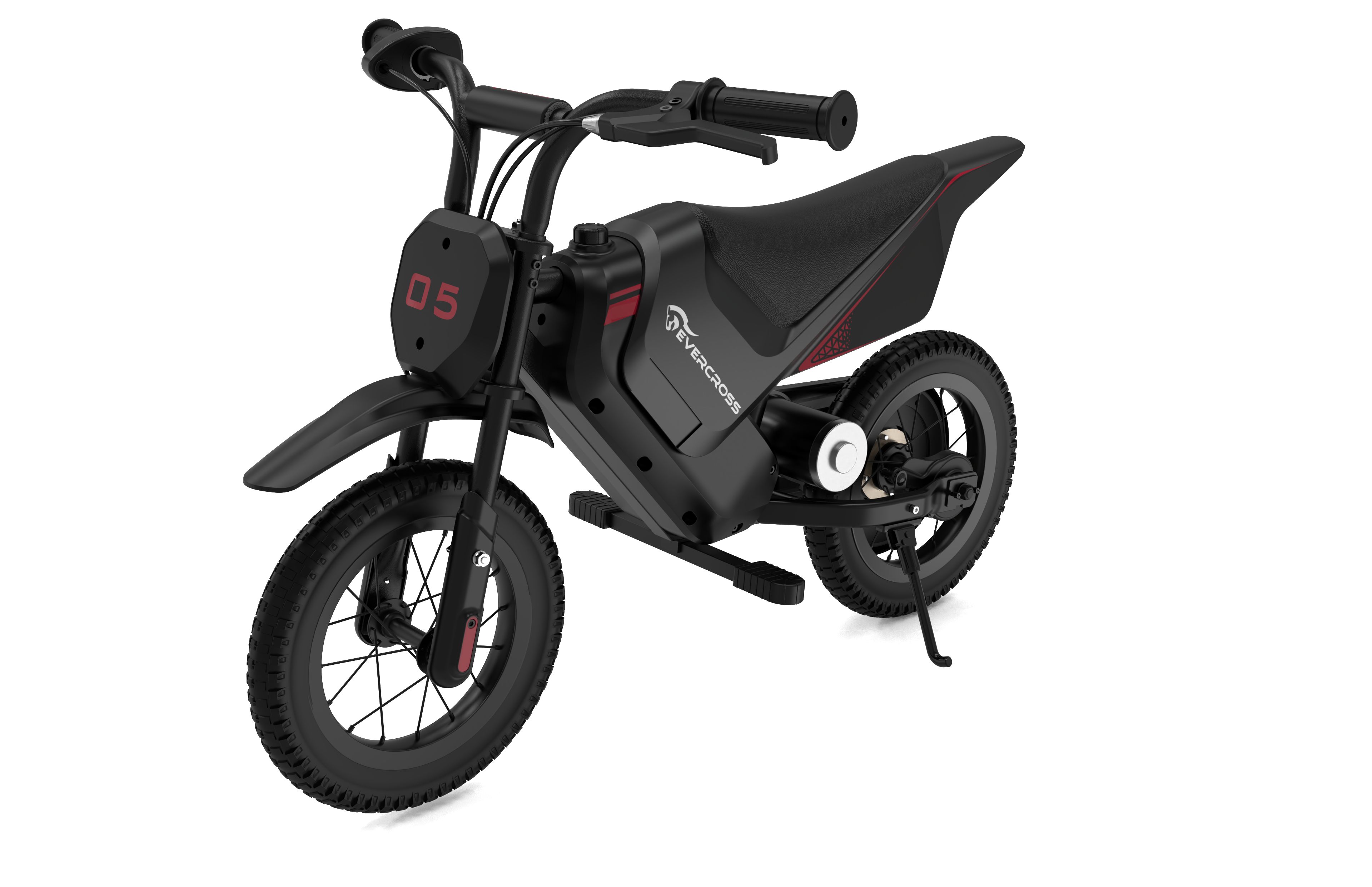 Moto de cross eléctrica negra con el número 05. Ruedas negras y detalles rojos. Fondo blanco.