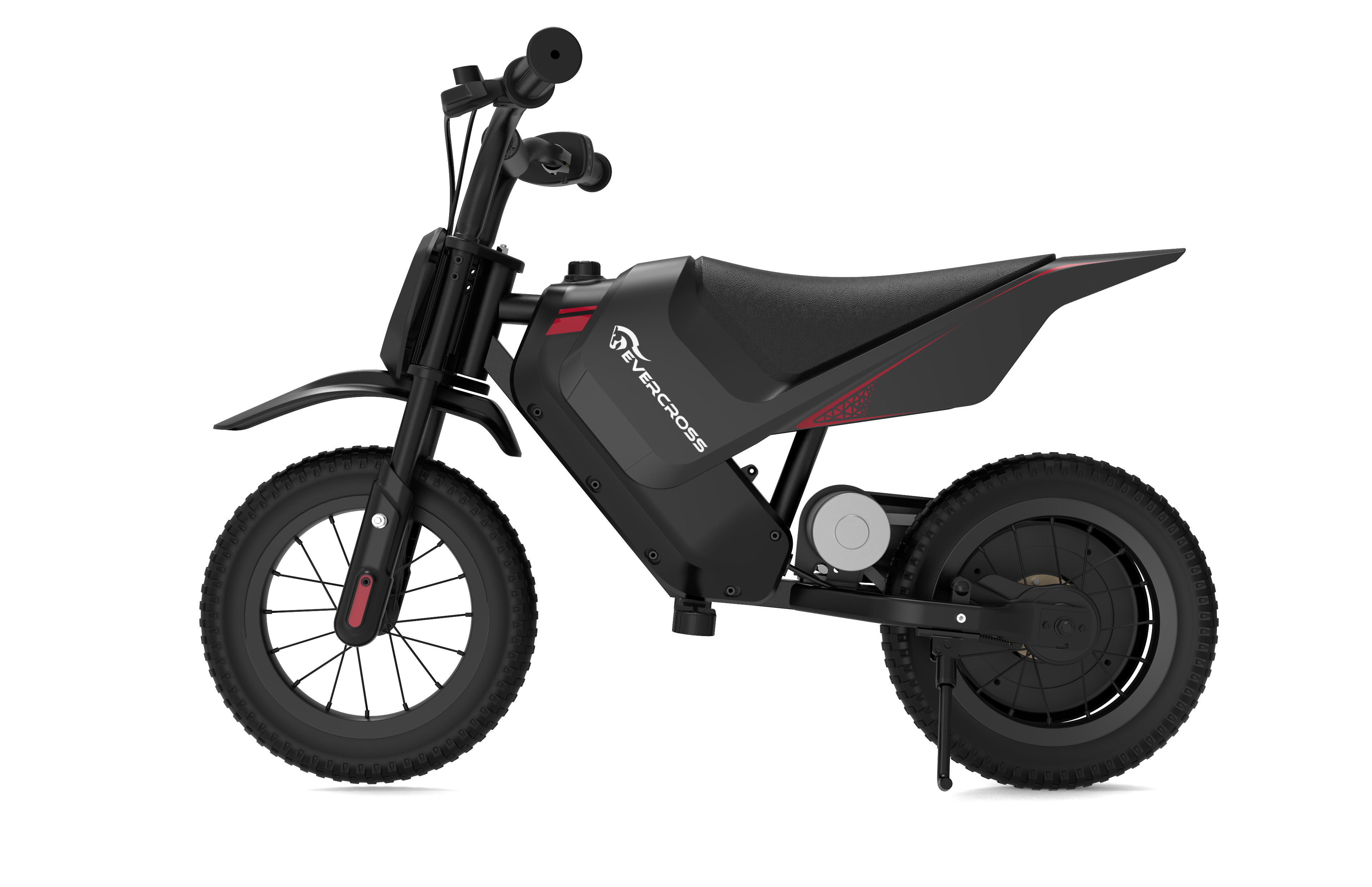Moto de cross eléctrica negra, vista lateral. Presenta un cuerpo negro con detalles rojos y el logotipo Evercross.