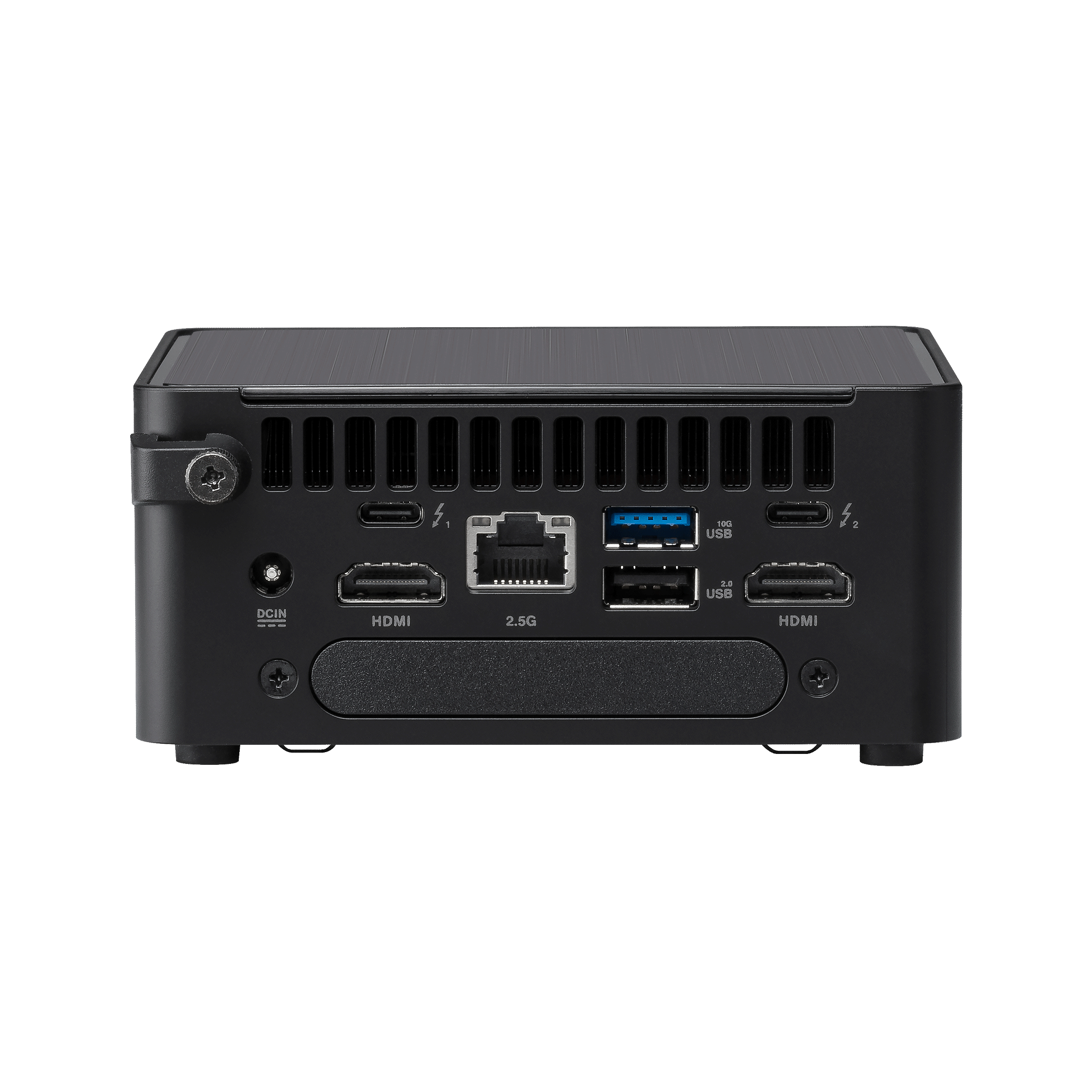 Tył czarnego mini PC z portami: HDMI, USB, Ethernet. Również DC IN i 2.5G.