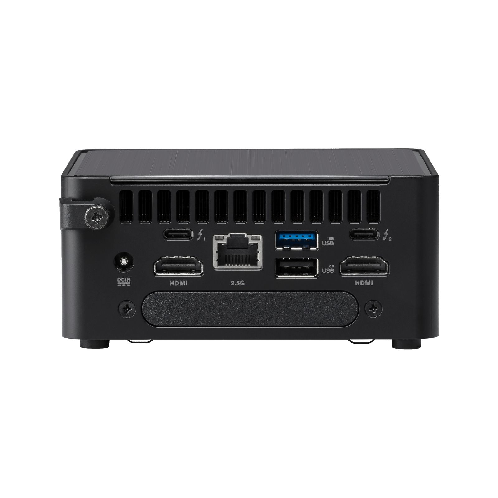 Widok z tyłu czarnego mini PC z portami HDMI, USB i Ethernet, na białym tle.