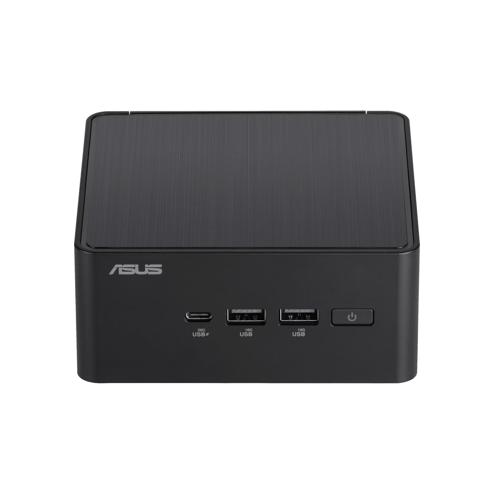 Czarny mini PC ASUS. Z przodu znajdują się porty USB i przycisk zasilania.
