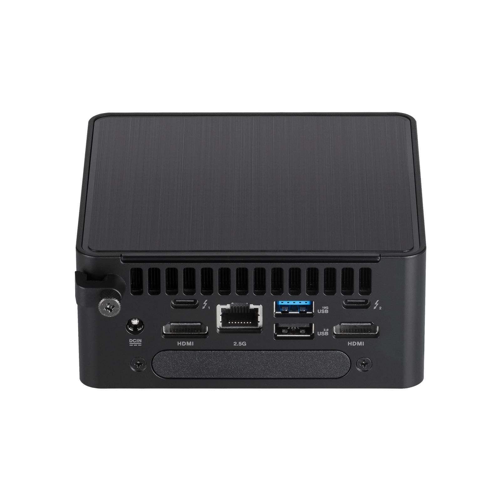 Czarny komputer z wieloma portami, w tym HDMI, USB i Ethernet, na białym tle.