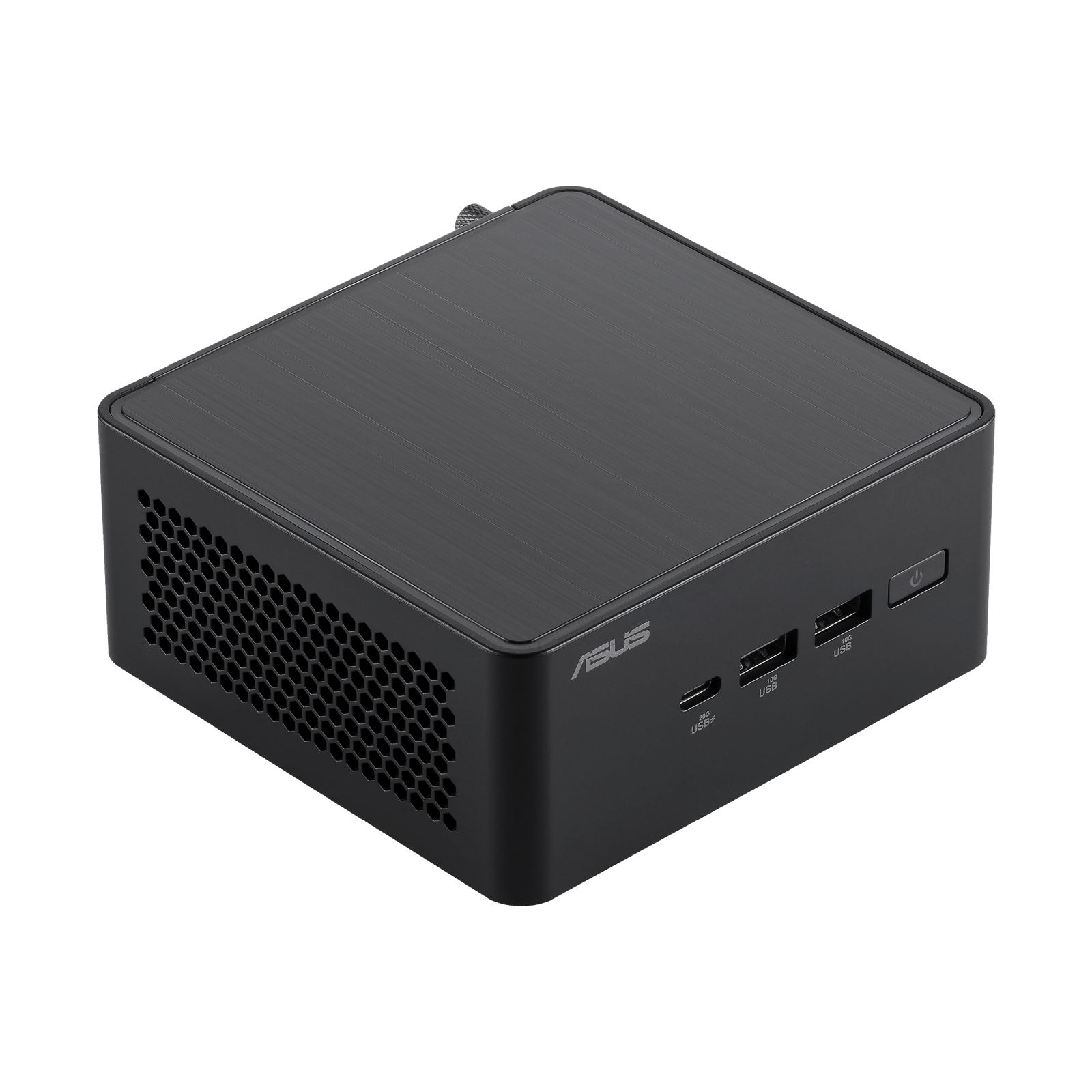 Czarny, kompaktowy komputer ASUS. Posiada porty USB i przycisk zasilania.
