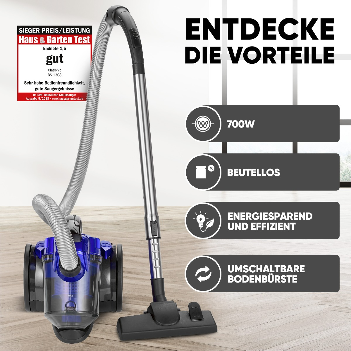 Niebieski odkurzacz z tekstem i ikonami. Niemiecki tekst i znak jakości.