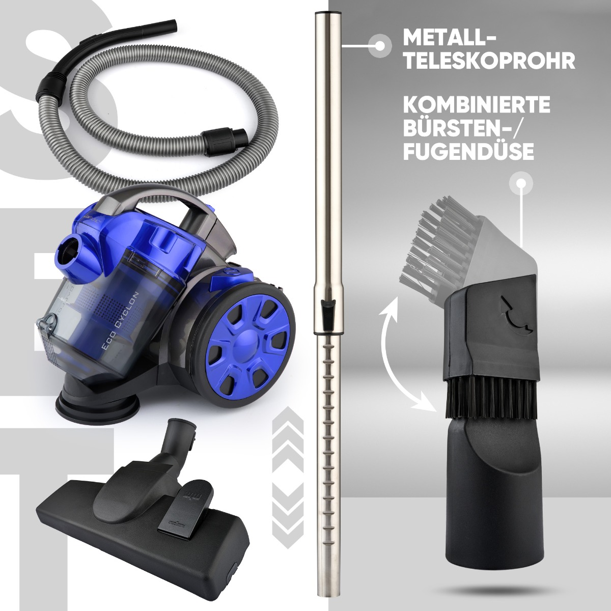 Niebiesko-czarny odkurzacz z akcesoriami: wąż, rura teleskopowa i głowice szczotek, wszystko ułożone.