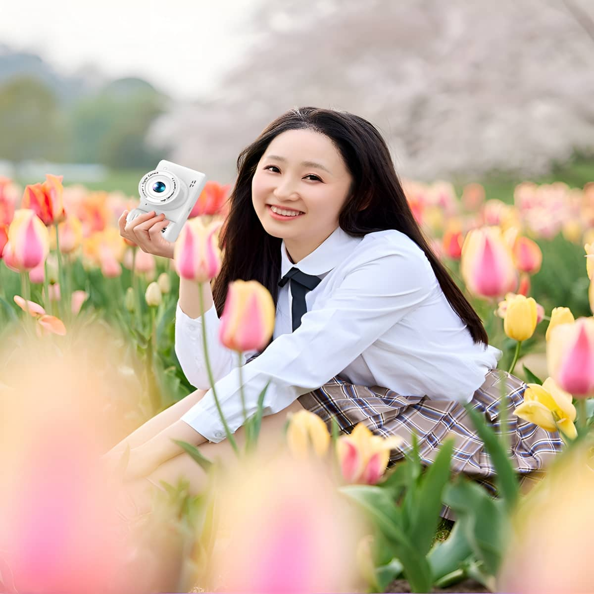 Eine lächelnde junge Frau, die eine weiße Kamera in einem Feld mit bunten Tulpen hält. Sie trägt einen karierten Rock.