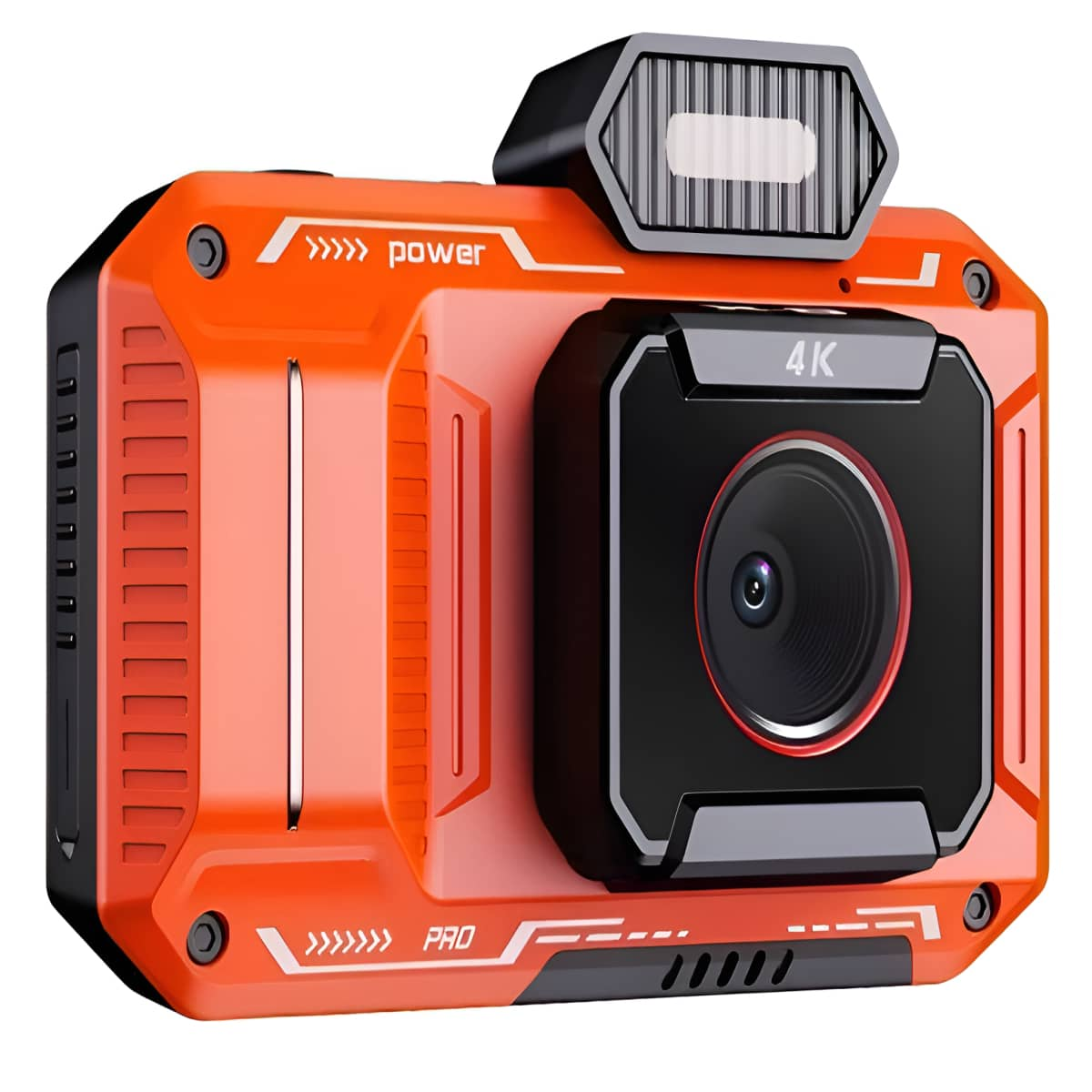Orangefarbene Action-Kamera mit schwarzem Objektiv und Top-Licht. 'power' und 'pro'.