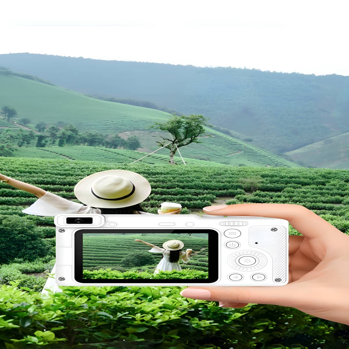 Eine Frau hält eine Kamera und fotografiert sich selbst und eine Landschaft.