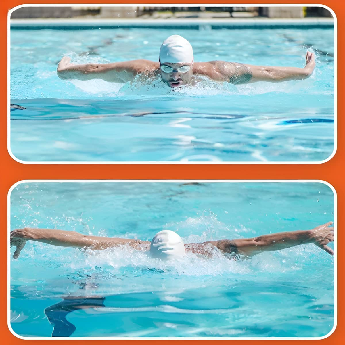 Zwei Schwimmer im Pool, die Schmetterling schwimmen. Sie tragen Badekappen und Schwimmbrillen.
