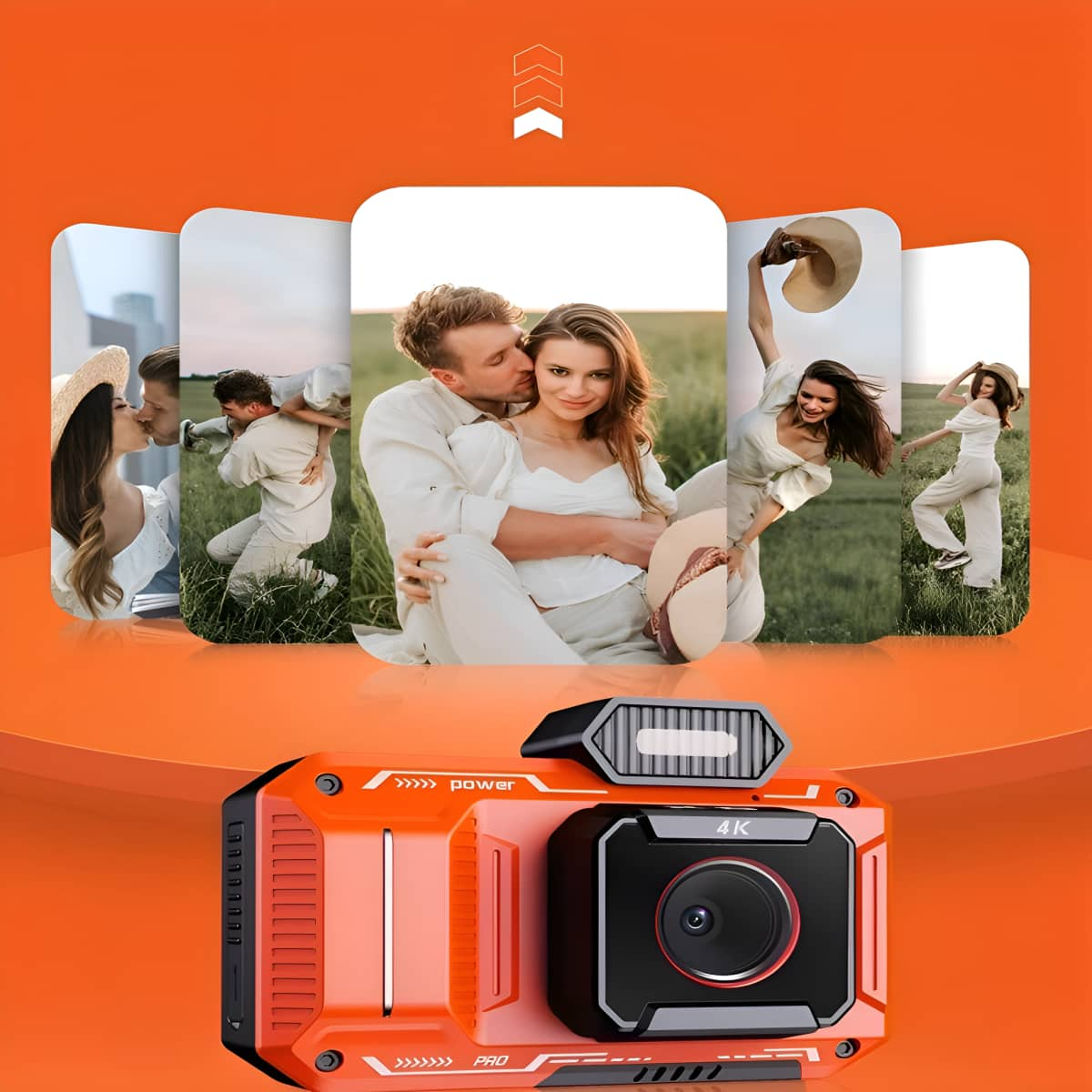 Orange Action-Kamera mit Fotos eines Paares. Fotos werden auf orangefarbenem Hintergrund angezeigt.