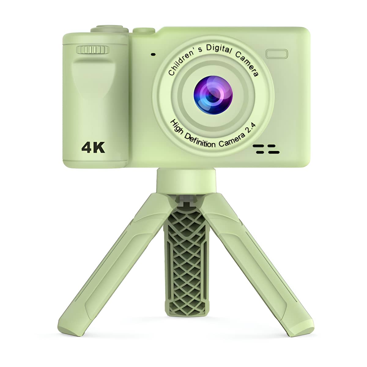 Grüne Kinder-Digitalkamera auf einem Stativ. Hat ein Objektiv und ein 4K-Etikett.