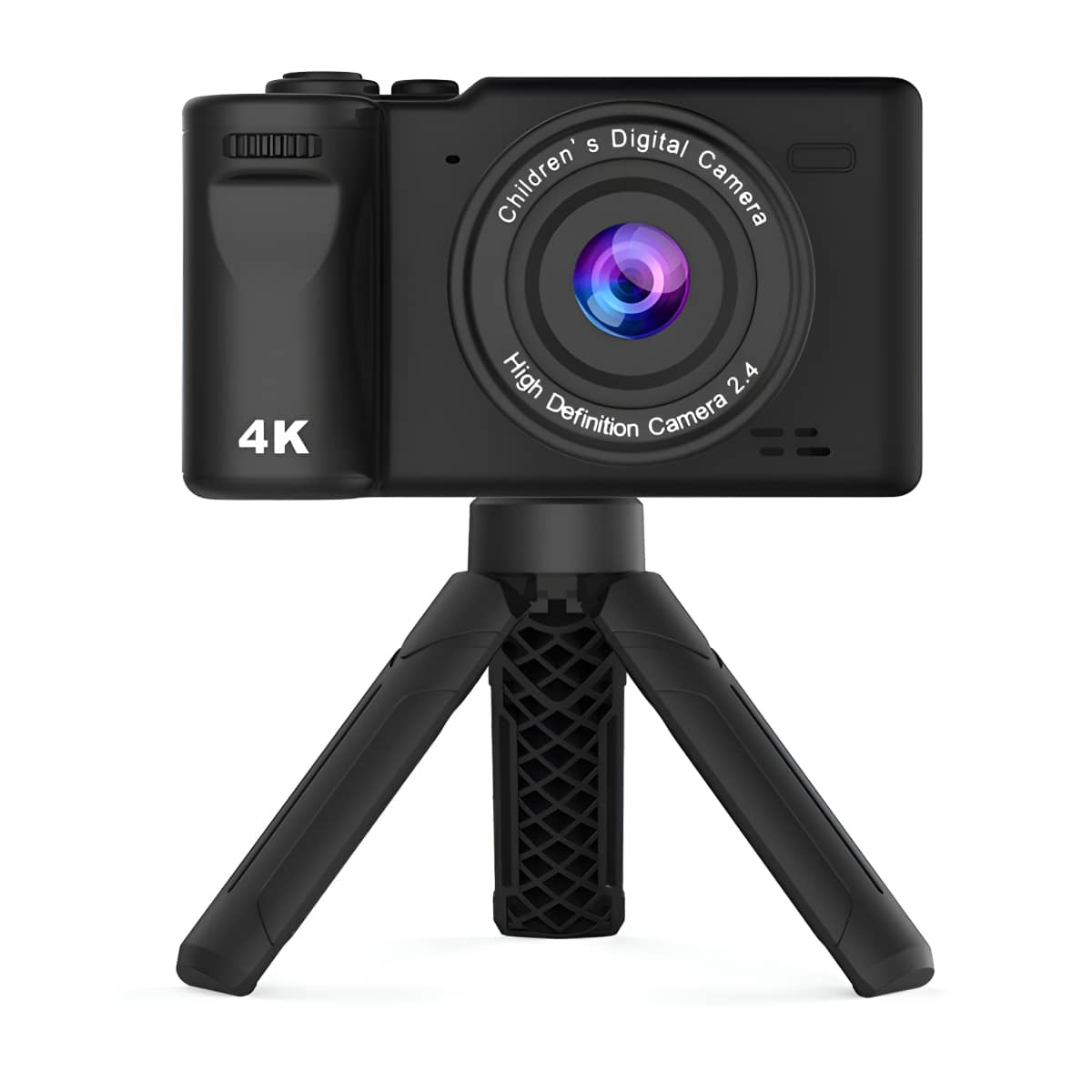 Schwarze digitale Kinderkamera auf einem schwarzen Stativ. Das Kameraobjektiv hat eine violette Mitte.