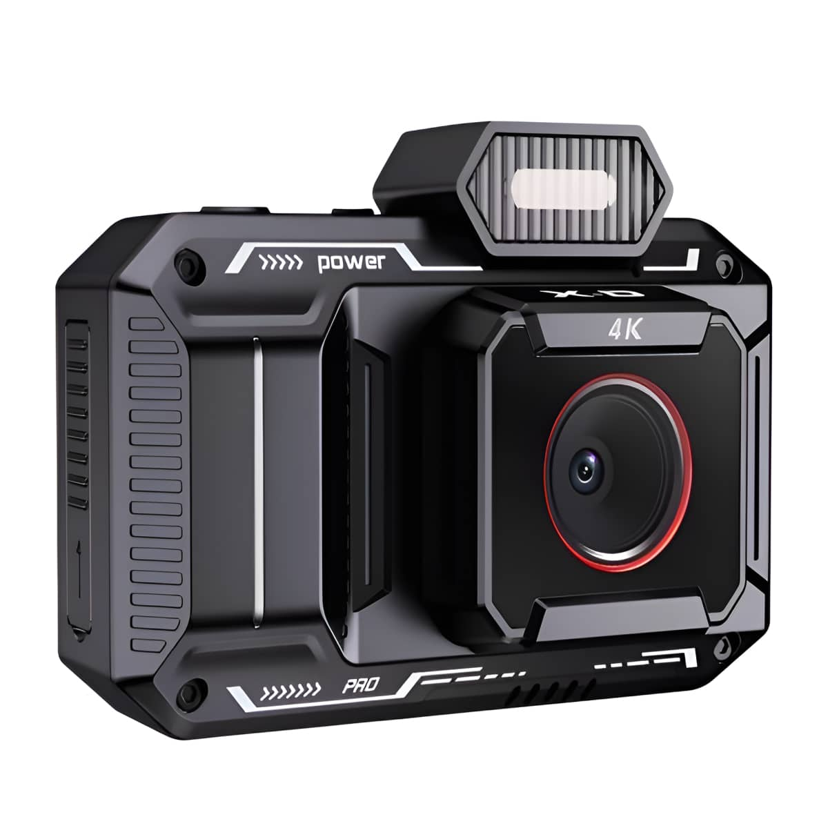 Schwarze Action-Kamera mit 4K-Aufnahmefunktionen. Sie hat ein Objektiv, Knöpfe und ein oben montiertes Licht.