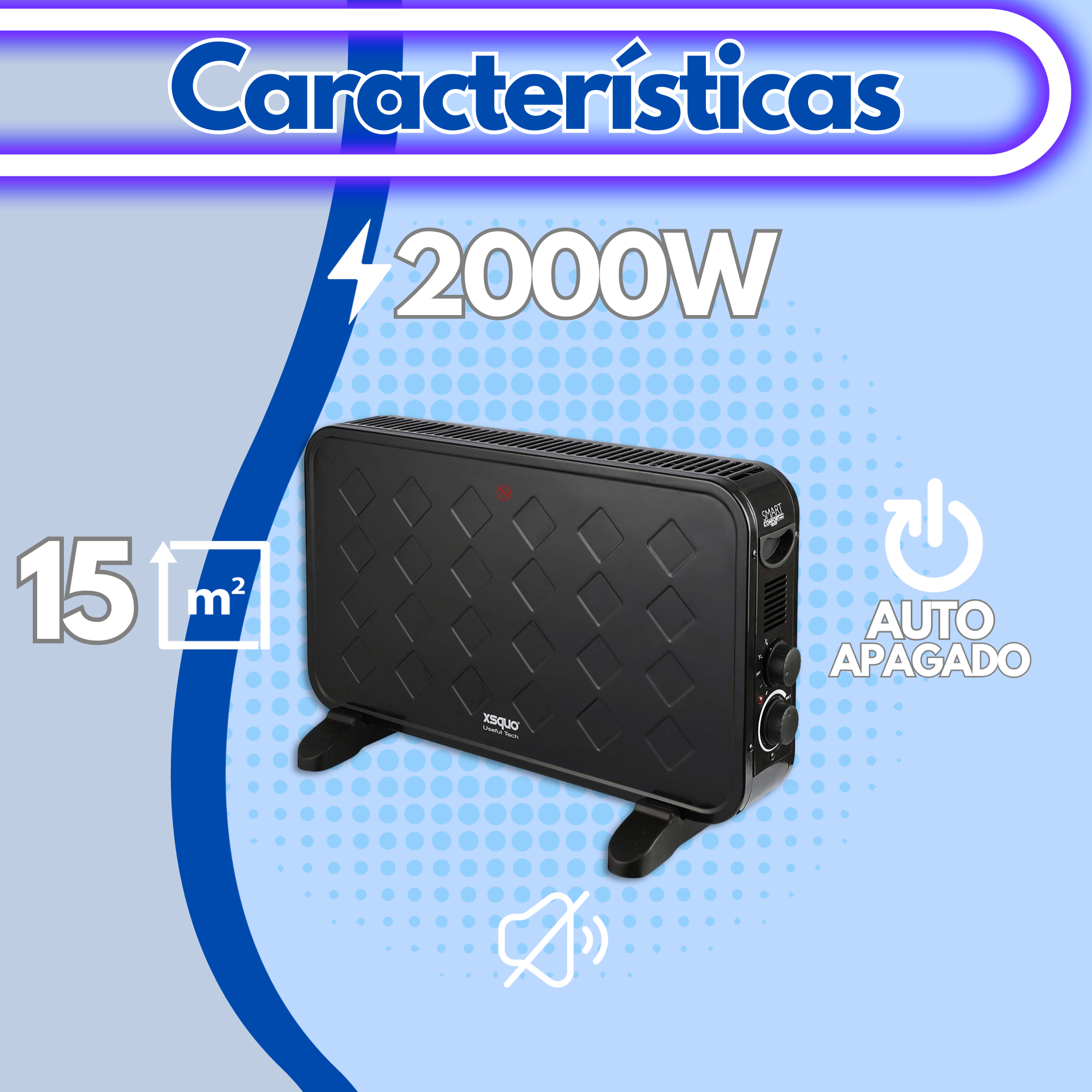 Calentador eléctrico negro con 2000W de potencia, con apagado automático y modo silencioso.