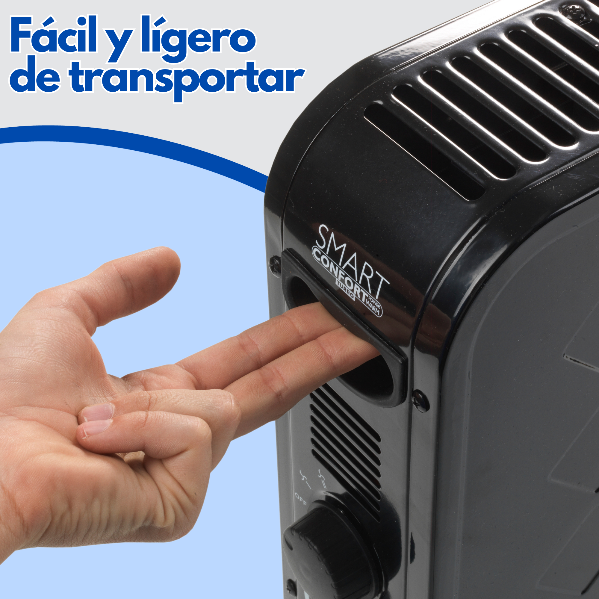 Mano sujetando un calefactor negro. El calefactor tiene un dial y un asa.