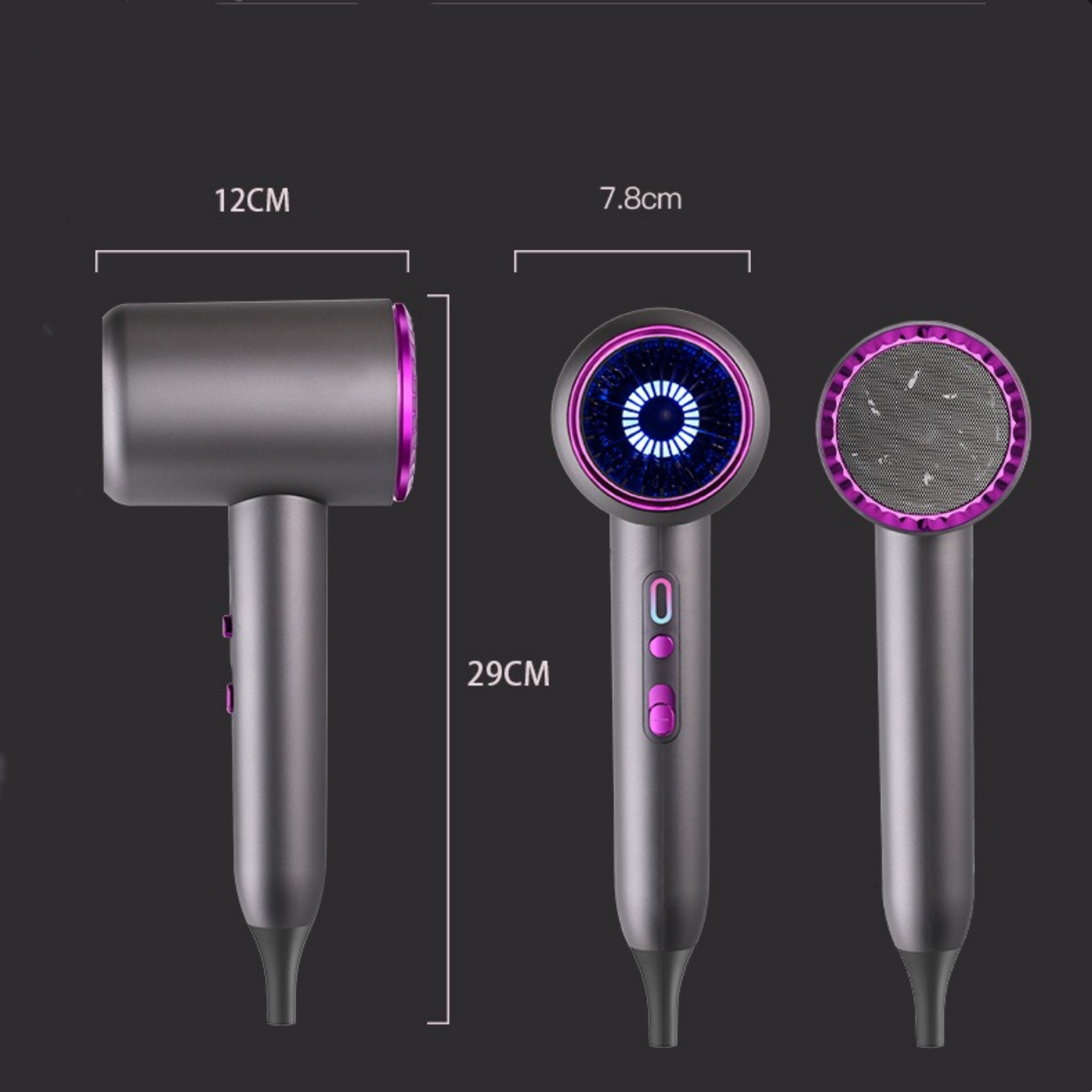 Drei Ansichten eines grauen Haartrockners mit rosa Akzenten. Abmessungen sind angegeben. Eine Ansicht zeigt die Vorderseite, die anderen zwei die Düse.