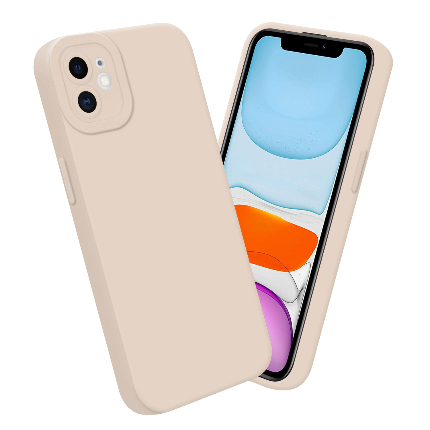Due custodie per telefono beige, una davanti, l'altra dietro. Una mostra il telefono.