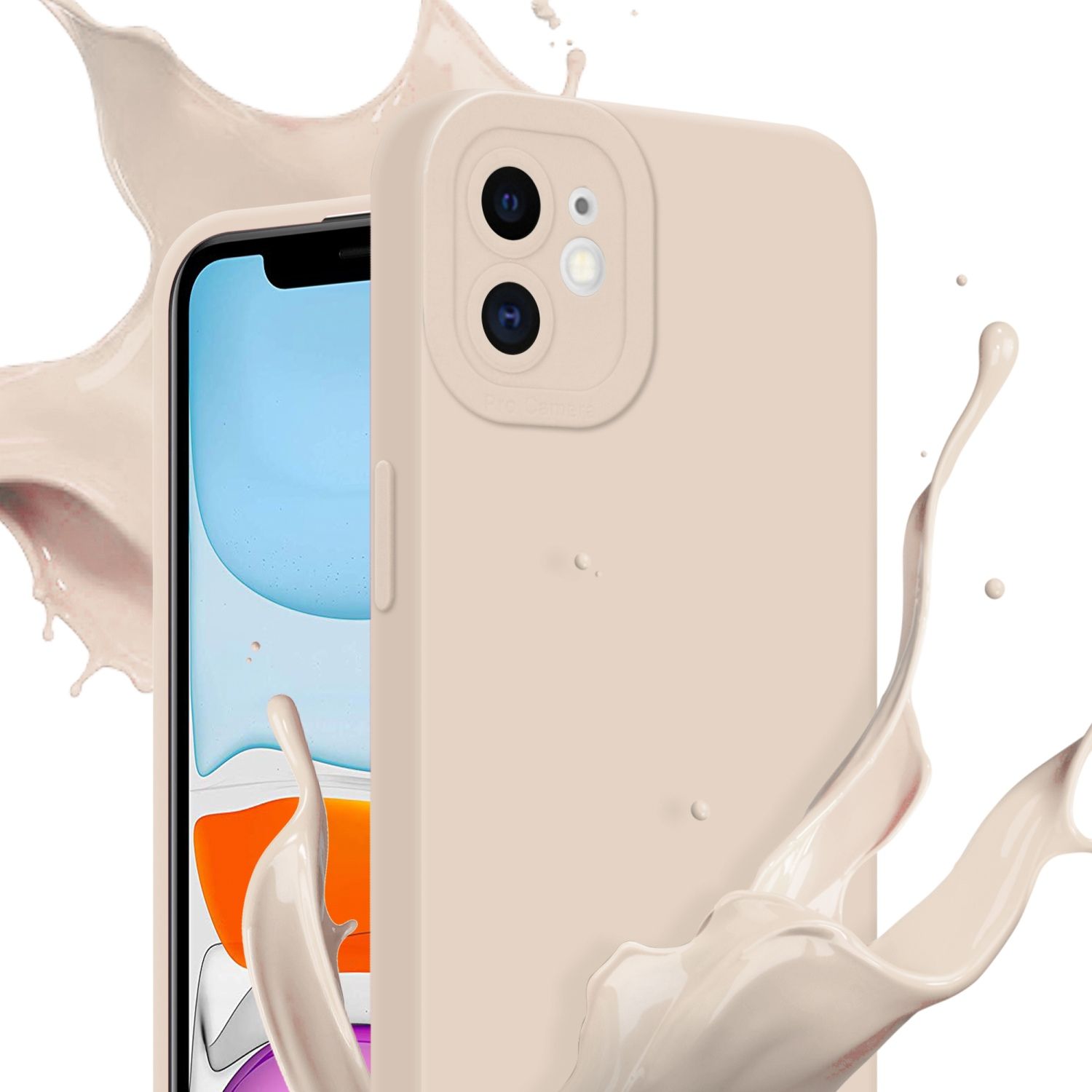Primo piano di una custodia per telefono beige con uno schizzo di crema. La custodia ha due fotocamere.
