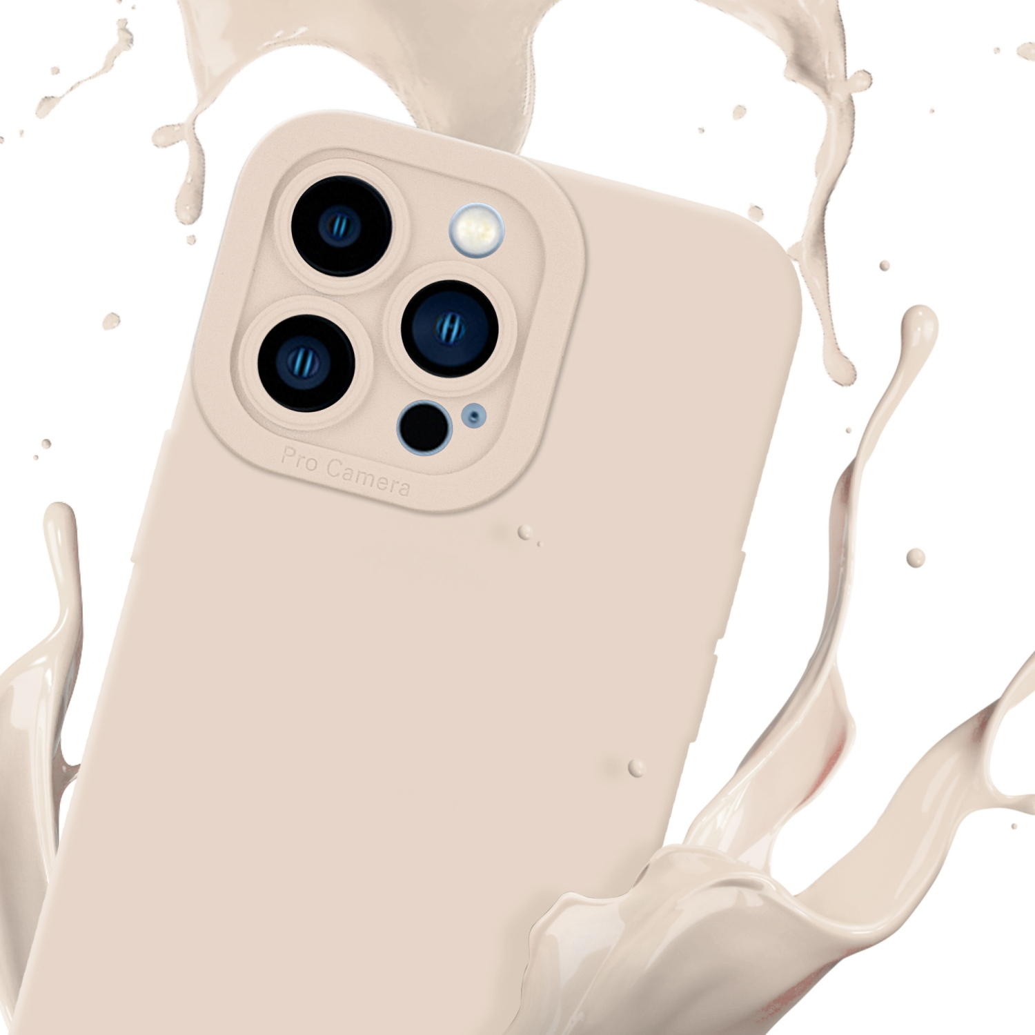 Primo piano di un telefono con custodia protettiva. Telefono color crema, con schizzi di liquido.