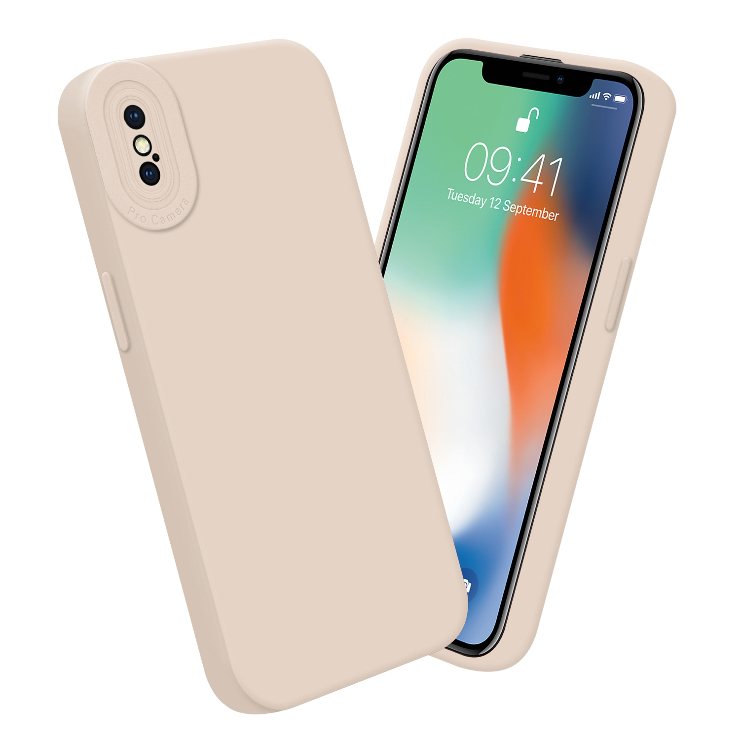 Due custodie beige per telefono con protuberanze per fotocamera, una su un telefono con schermo.
