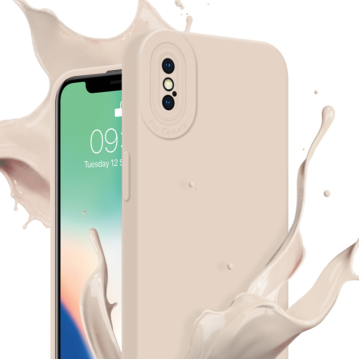 Custodia per smartphone con telefono all'interno ed effetto splash, colore rosa chiaro.