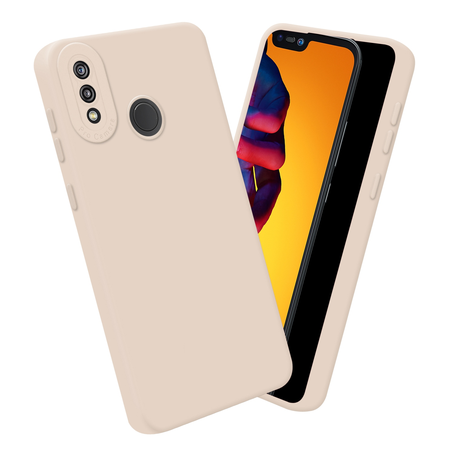 Custodia per telefono beige, due custodie angolate. Il telefono mostra un design colorato. Sfondo bianco.