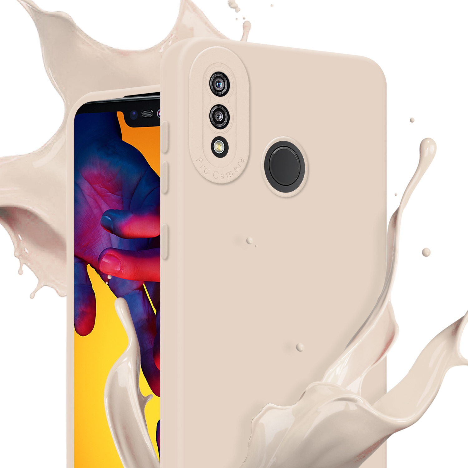 Custodia beige per telefono con tripla fotocamera. Schizzi di liquido bianco intorno.