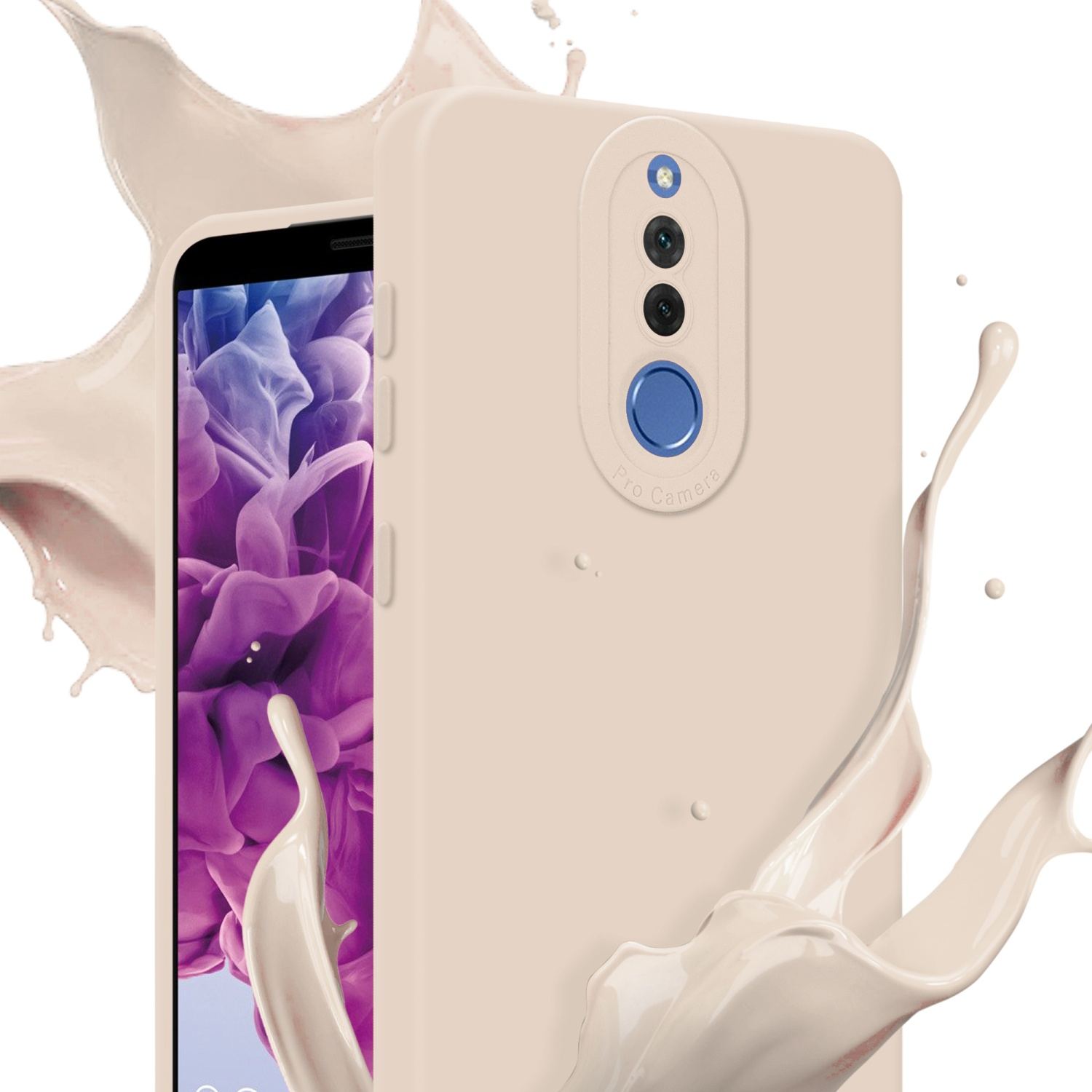 Telefono beige con custodia beige. Si vede uno schizzo di liquido, la fotocamera del telefono è visibile.