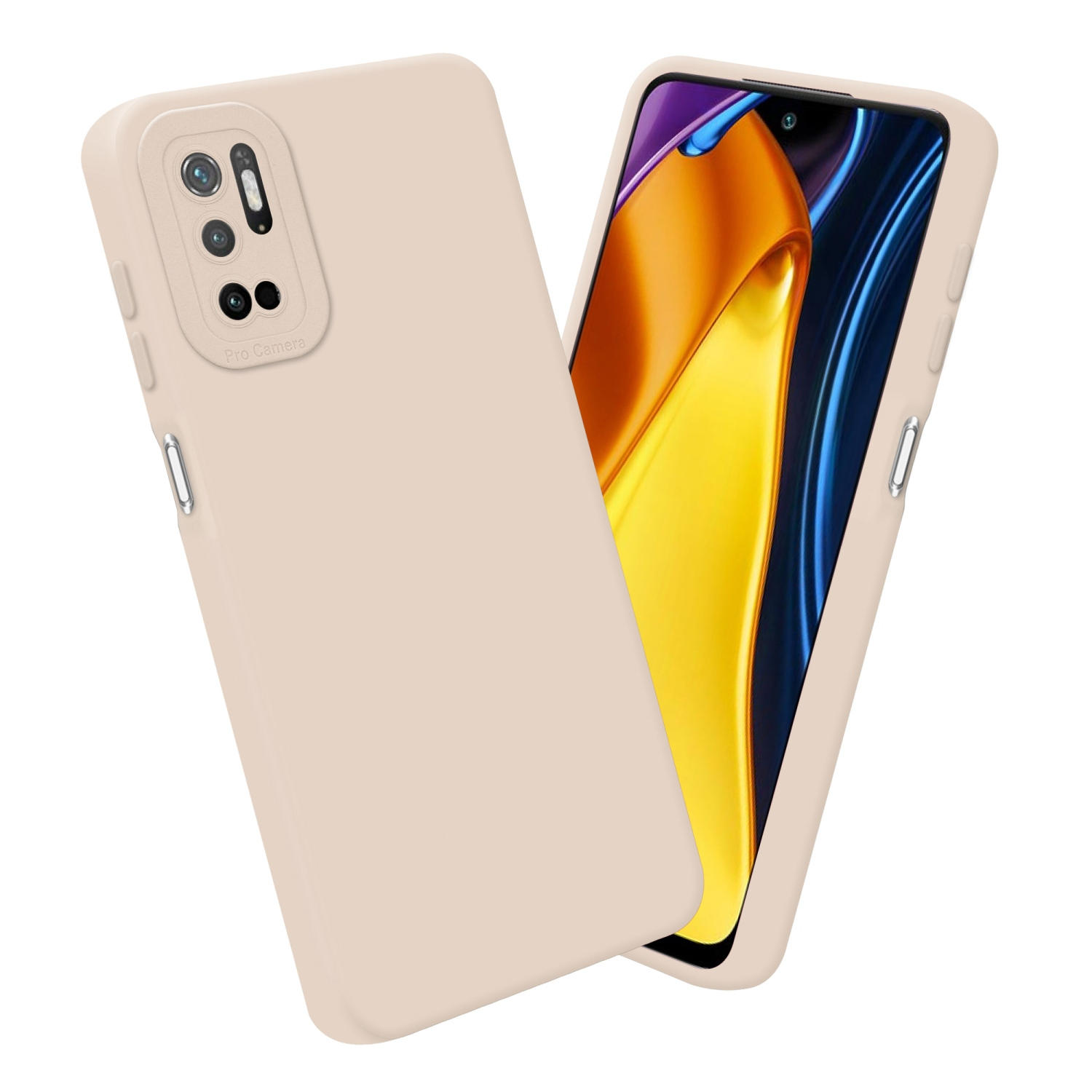 Due custodie per telefono, colore beige. Una mostra il telefono con le fotocamere e l'altra è vuota.