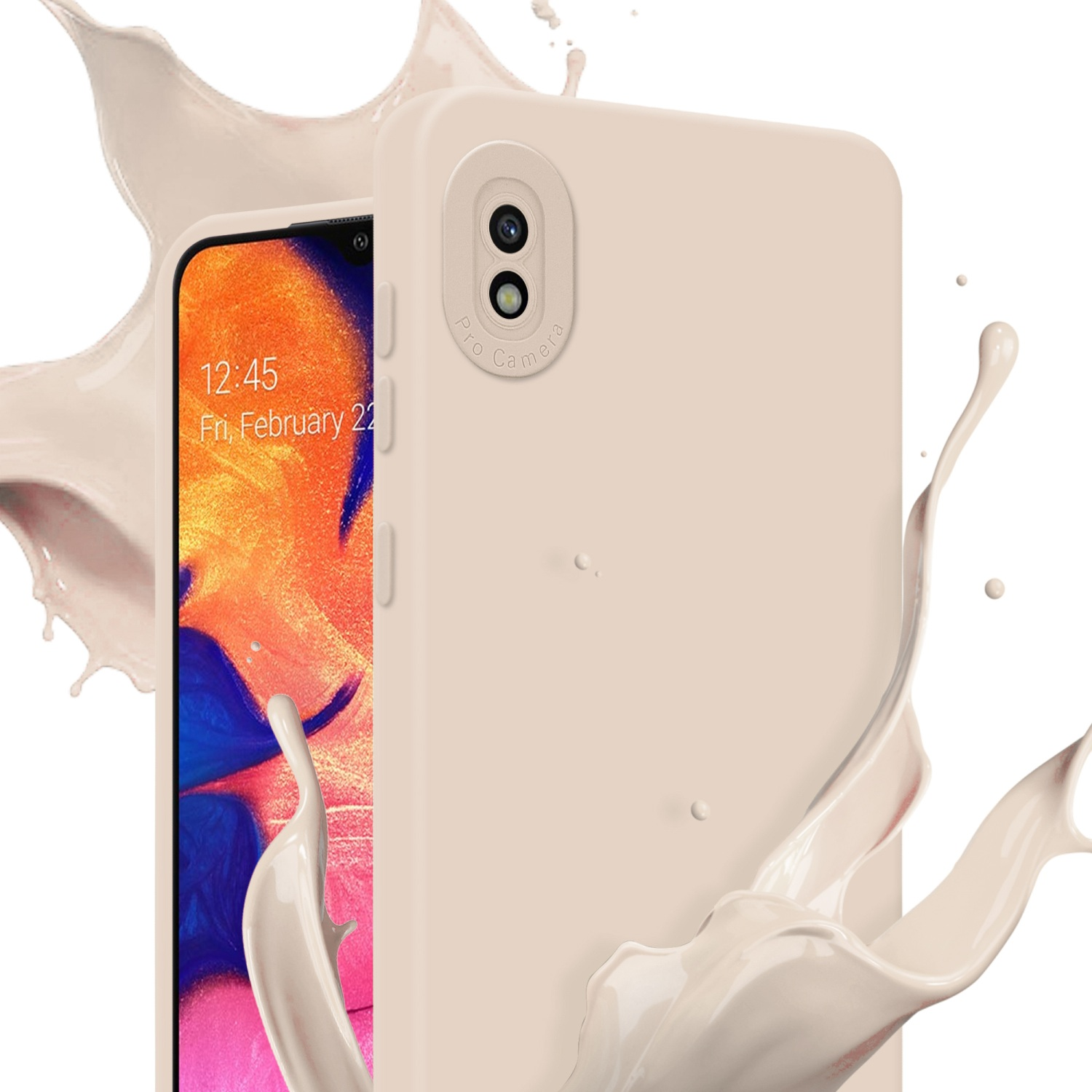 Custodia beige per telefono con telefono. Schizzi di liquido beige intorno al telefono.