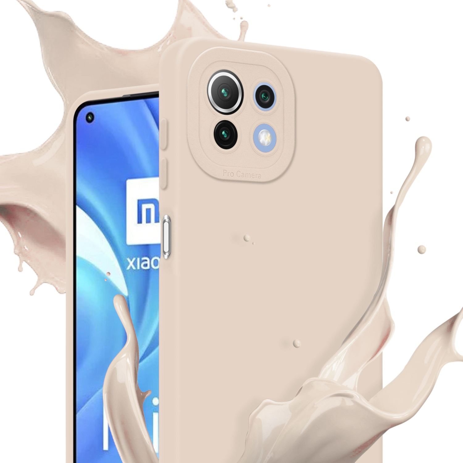 Coque de téléphone beige avec caméra, le téléphone affiche l'interface. Éclaboussure de liquide blanc. Fond blanc.